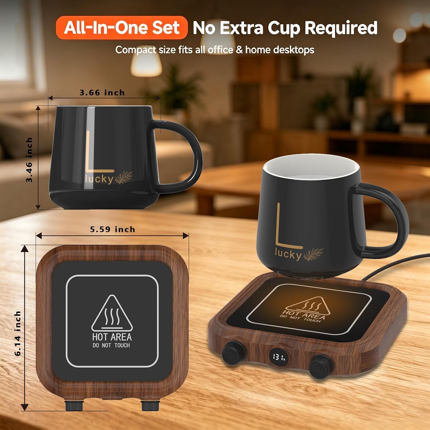 Coffee Mug Warmer & Mug Set, 8 Temp Settings, Knob Control, Auto Shutoff