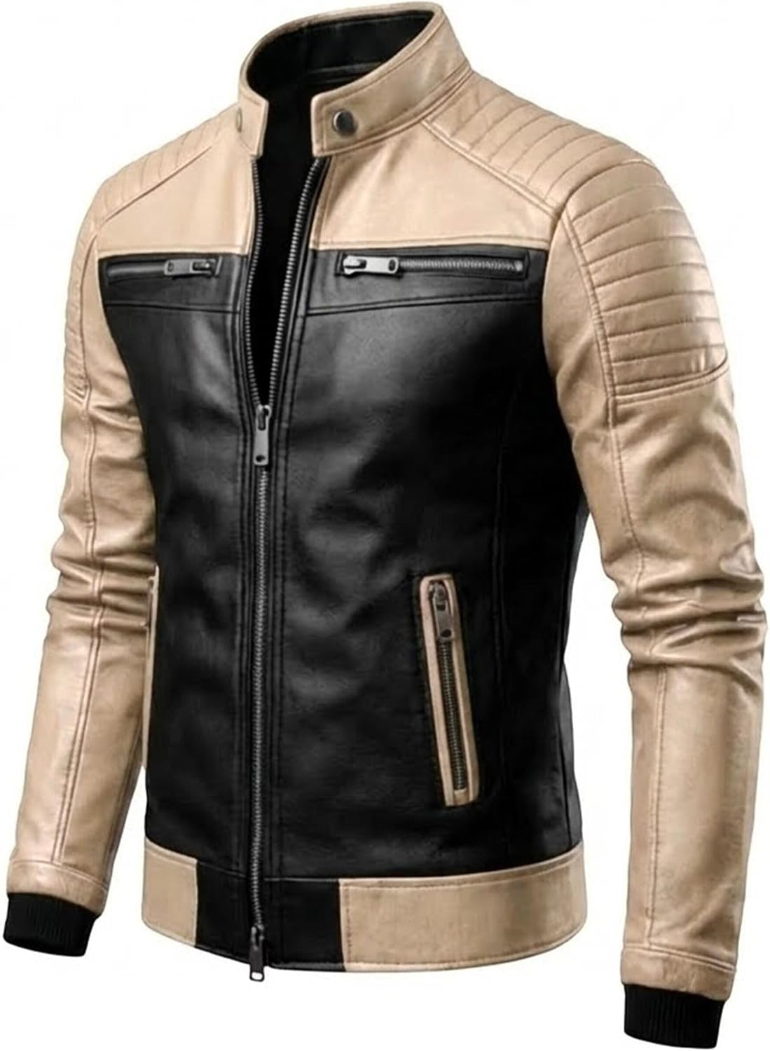 Mens Leather Jacket - Real Lambskin Quilted Shoulder Cafe Racer Leather Motorcycle Jacket Men
