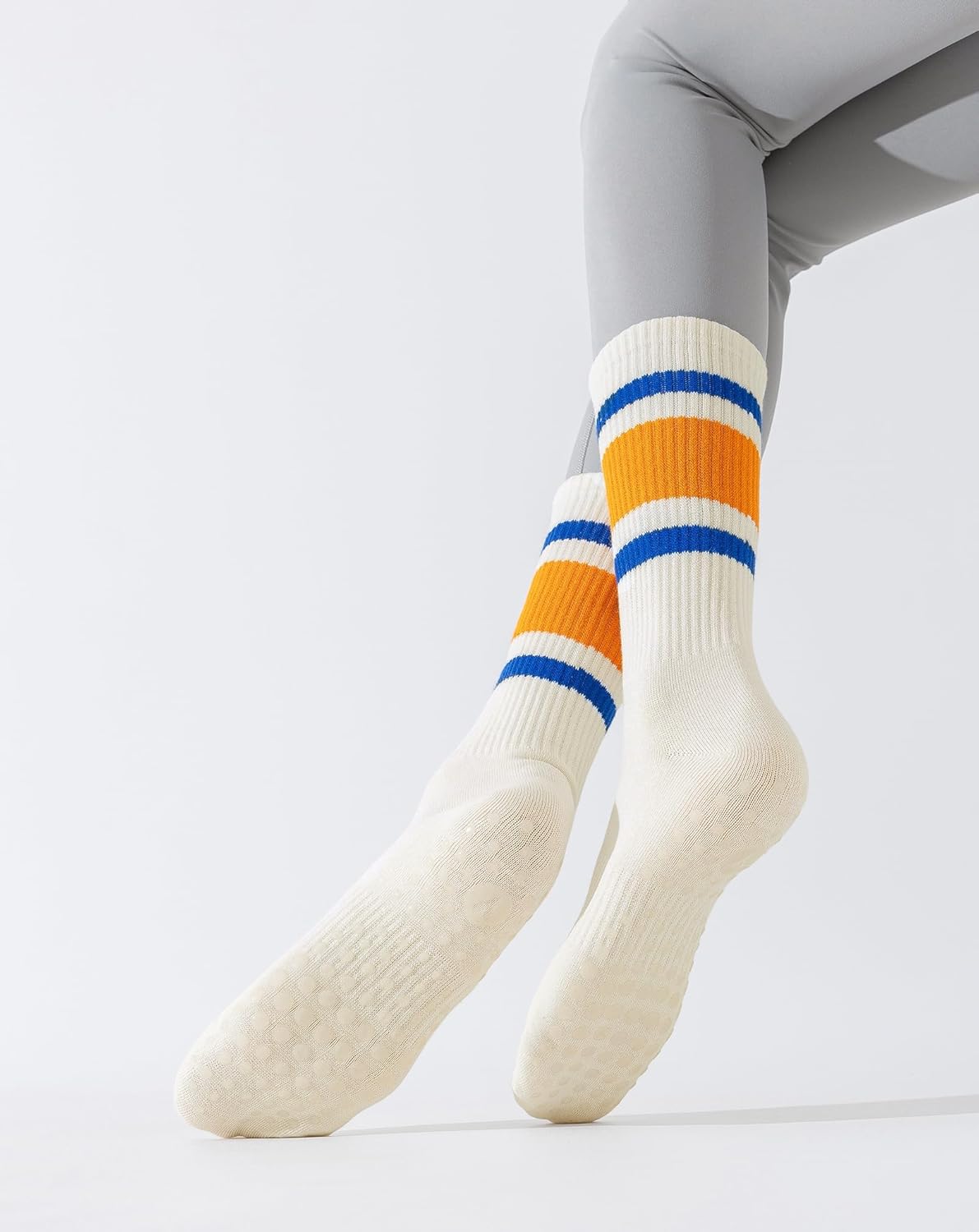 Yawlsow 3 Pairs Pilates Grip Socks for Women Yoga Grippy Striped Retro Crew Socks Non Slip Sticky Barre Sock with Grippers - Image 6