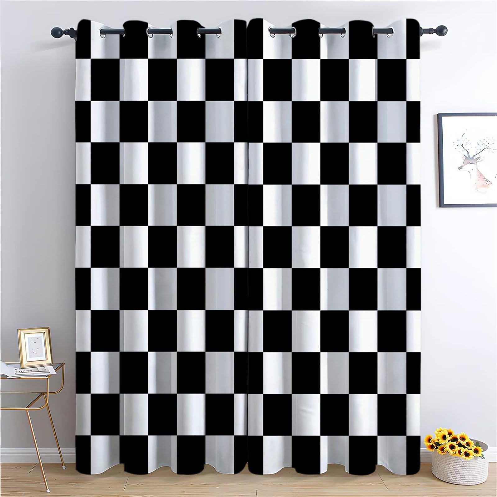 Rideaux Occultants Chambre Rayures Damier Noir, Rideaux à Œillets pour Salon et Chambre d'enfant Style Géométrique - Décoration de Fenêtre 183L X 214H cm Panneaux Isolants Thermiques et Phoniques