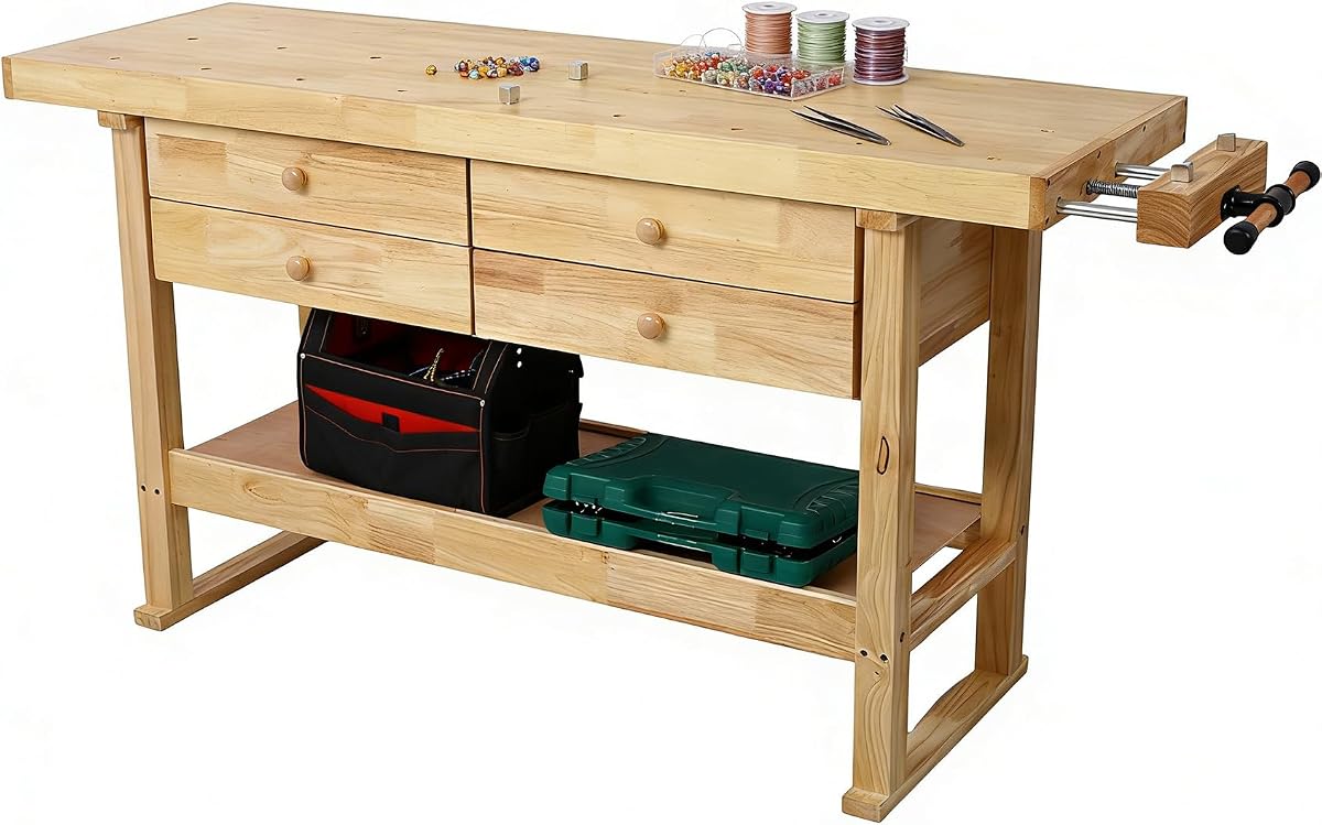 60 Inch Workbench with 4 Drawers & Storage Rack, Rubber Wood Top Work Table for Garage Workshop, Heavy Duty Woodworking Bench for Professionals & DIY, Reinforced Frame, 330 lbs Capacity, Natural