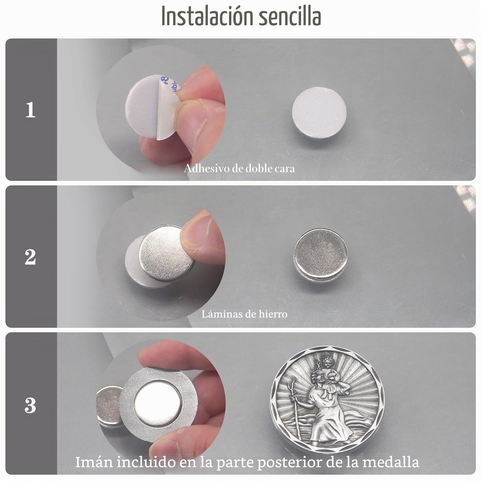 Placa de San Cristóbal para Coche, diámetro de 3,4 cm, Medalla de San Cristóbal para protegernos y Venir a casa, con imán y 3 Pegatinas Adhesivas de Doble Cara, 1 Pieza de Hierro (Plata Vieja)