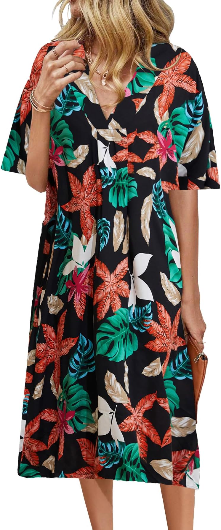BloggerloveWomens Nightgown House Dress with Pockets Mumu Dresses Haf Sleeve Duster Lounge Dress V-Neck Plants Print S-3XL