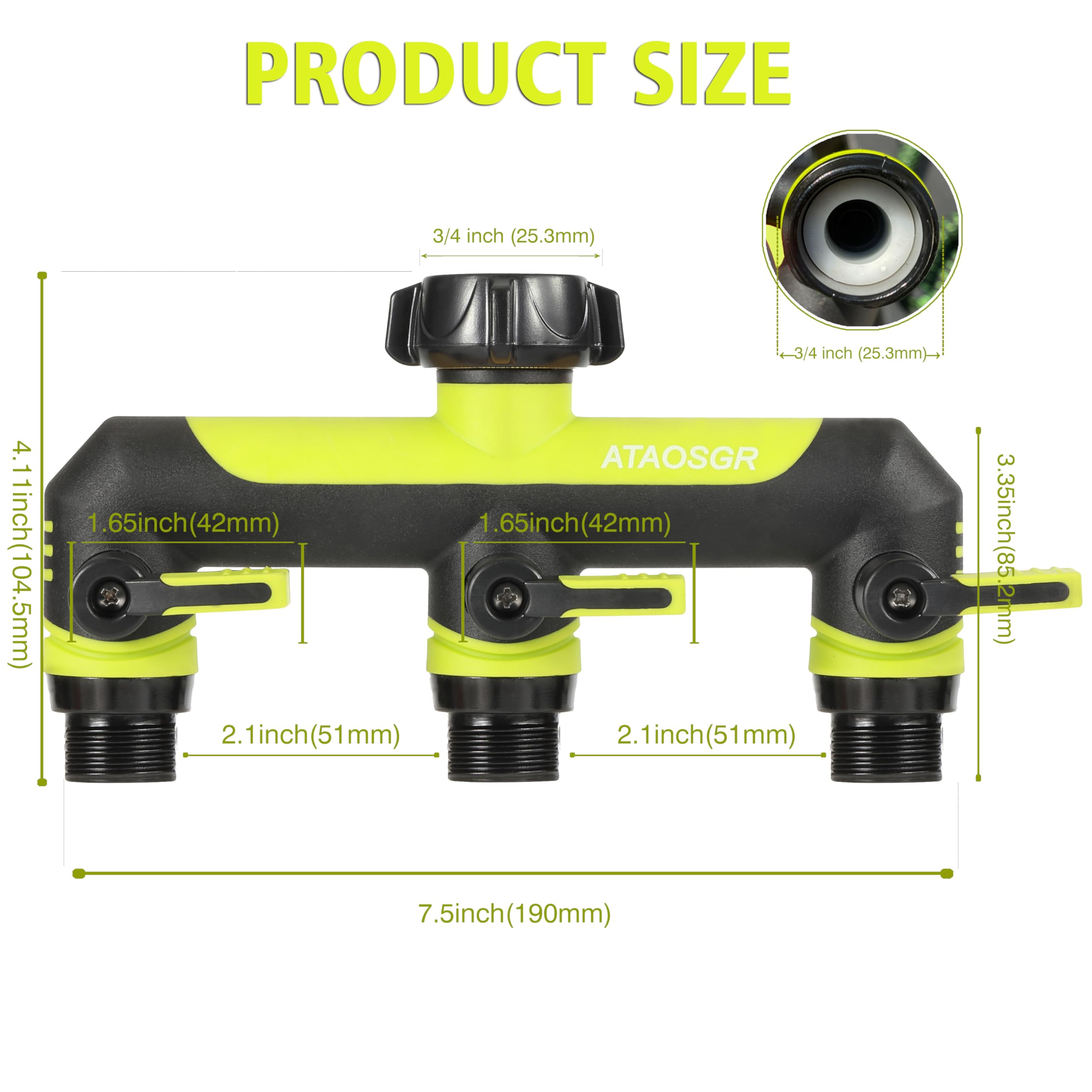 Divisor de manguera de jardín de 3 vías, divisor de grifo de 3/4 pulgadas para exteriores, conector de grifo con válvulas de encendido/apagado y mango extendido, adaptador de grifo, conector