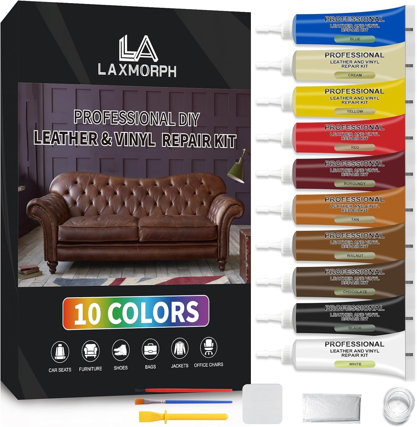 Leder Reparatur Set 10 Farben Flüssigleder Für Möbel, Sofas,Autositze & Jacken,Vinyl Kunstleder Reparatur Set Repariert Lederfarbe Risse, Löcher, Kratzer & Abblätterungen
