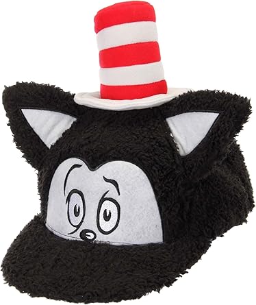 Dr. Seuss Cat in Hat Fuzzy Adjustable Snapback with Embroidered Face, Cat in the Hat with Ears