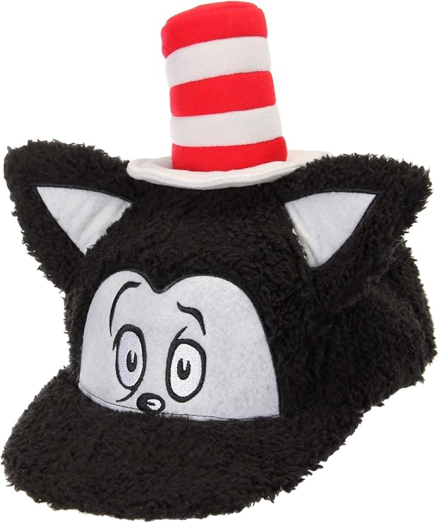 Dr. Seuss Cat in Hat Fuzzy Adjustable Snapback with Embroidered Face, Cat in the Hat with Ears