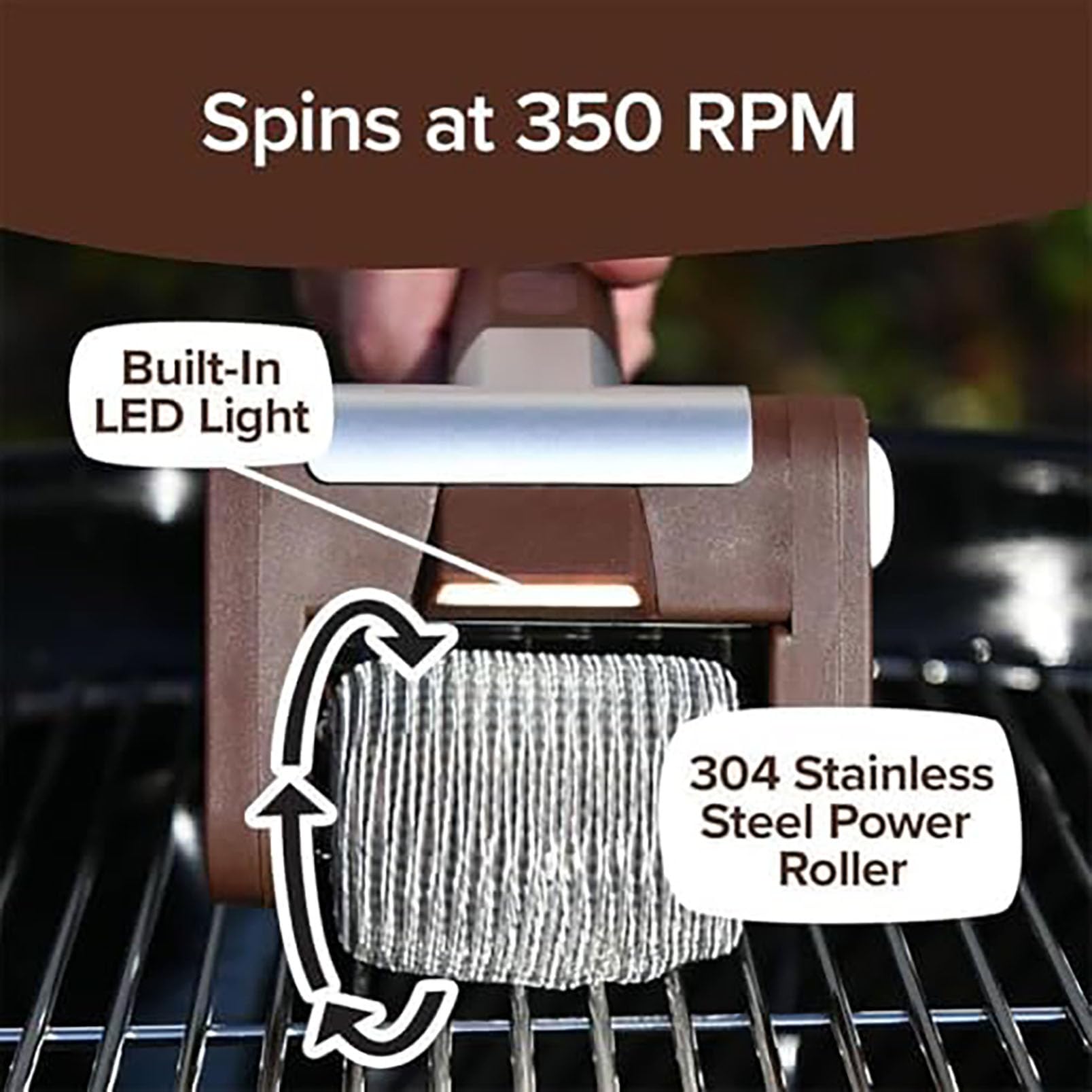Cepillo Eléctrico para Parrilla, Limpiador Recargable, Cabezal de Acero Inoxidable 304, 350 RPM, Batería de 2600 Mah, Limpiador de Parrilla Exterior para Barbacoas, Parrillas Exteriores