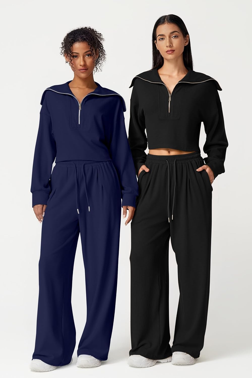 QINSEN Women Cozy 2 Piece Lounge Matching Set Wide Leg Sweatpants Half Zip Crop Sweatshirt Outfits - Image 5