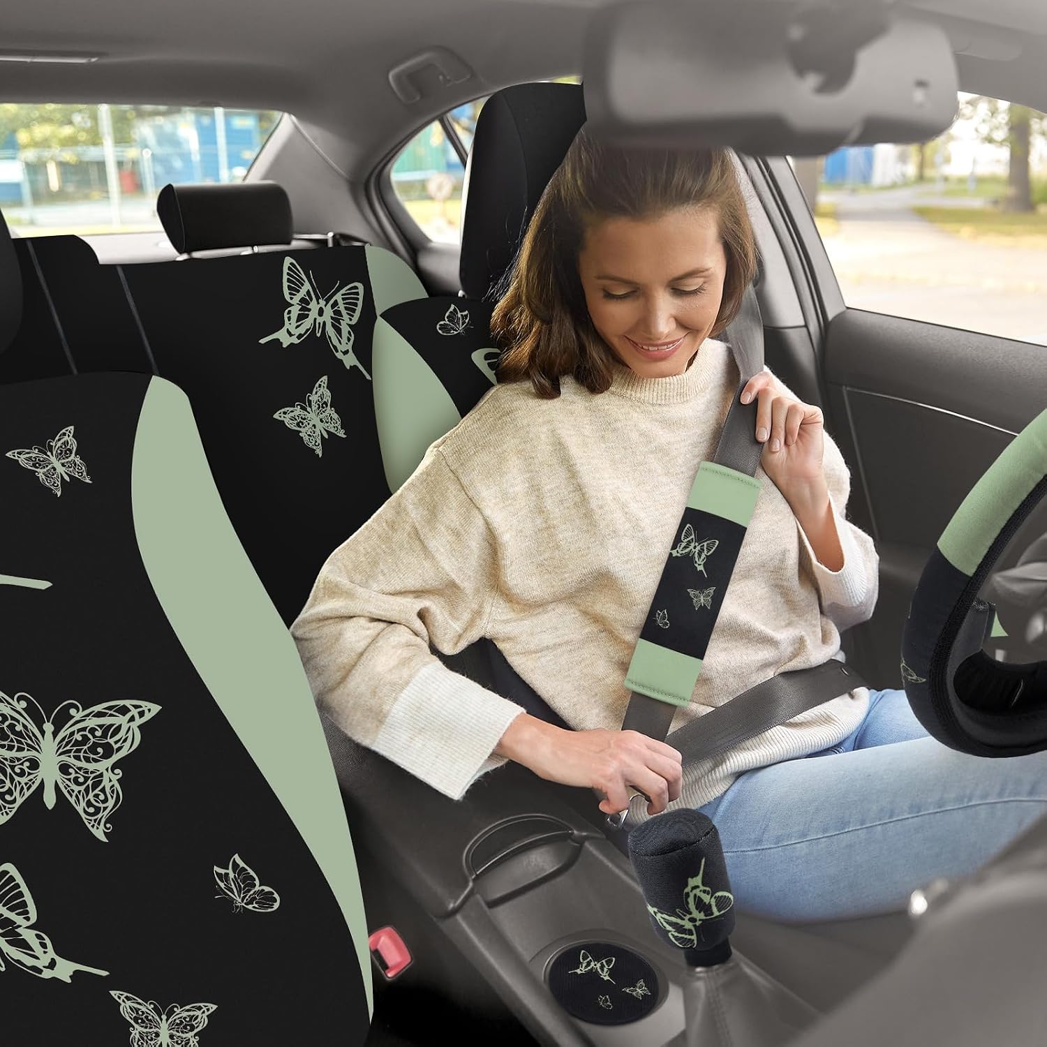 BBTO 43 Pcs Butterfly Car Seat Full Set Butterfly Car Accessories for Women 5 Front Rear Seat Covers Wrist Strap 2 Pcs Cup Mat Armrest Pad 2 Belt Xmas Cover Accessories for SUV(Green, Black)