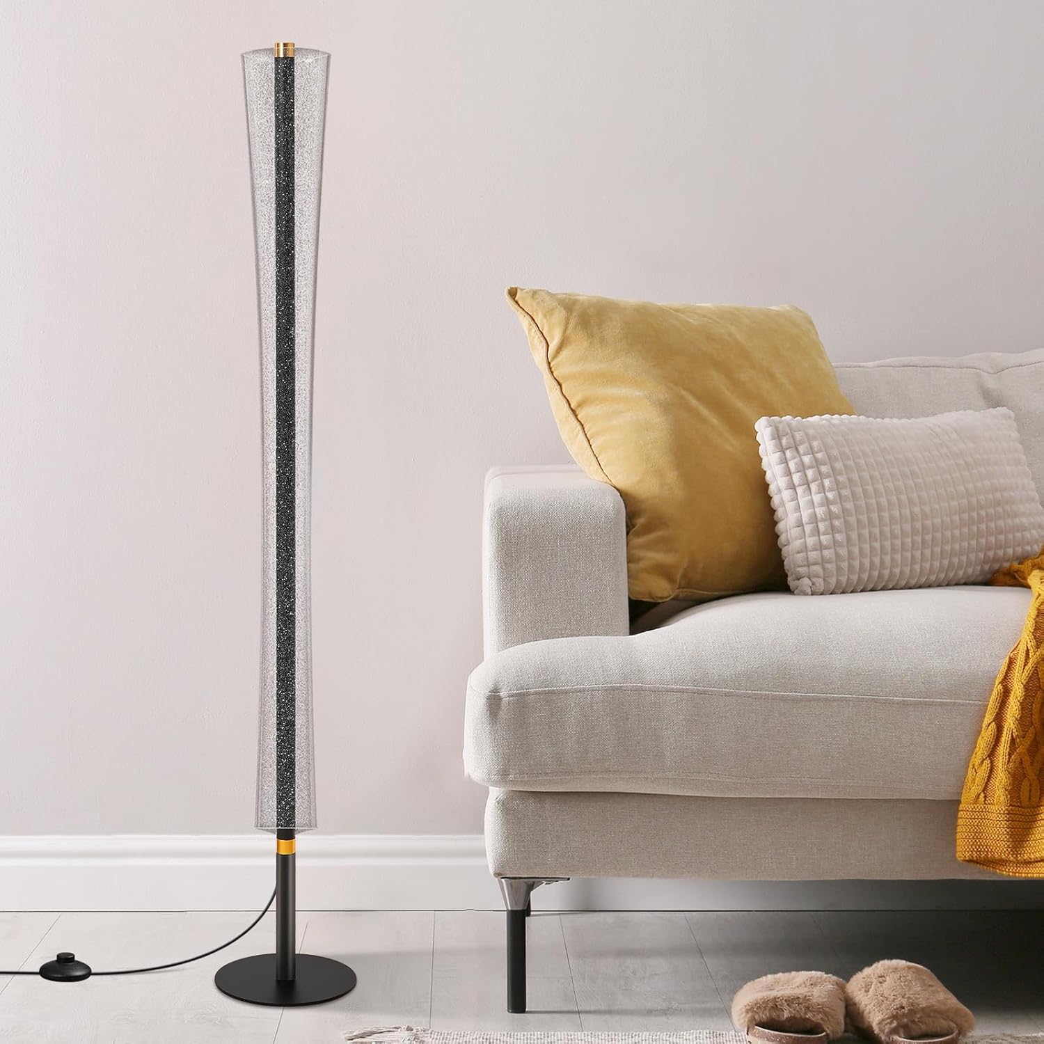 NUÜR Modern LED Floor Lamp with Remote & Foot Switch, 2700K–6500K 3 Color Temps & 10–100% Dimming, Sparkly Glitter Acrylic Tube Column, Slim Black Tall Standing Lamp for Living Room Bedroom Office