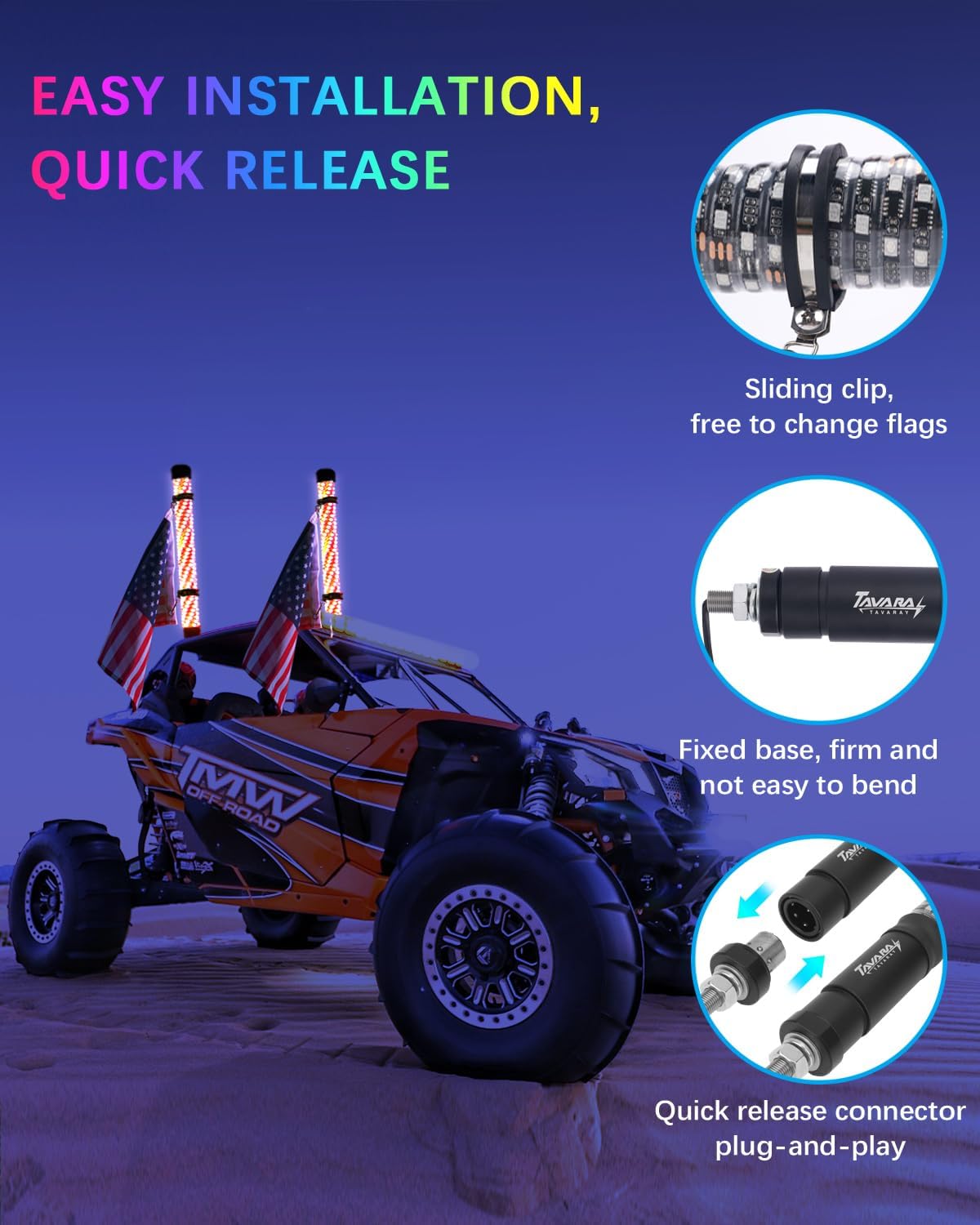 Tavaray 2PCS 2FT Fat Whip Lights – Spiral RGB Chasing Lighted Antenna Whips with Flag, Whip Lights for Side by Side UTV ATV RZR Can-Am X3, with App/Remote Control, Turn Signal & Rocker Switch