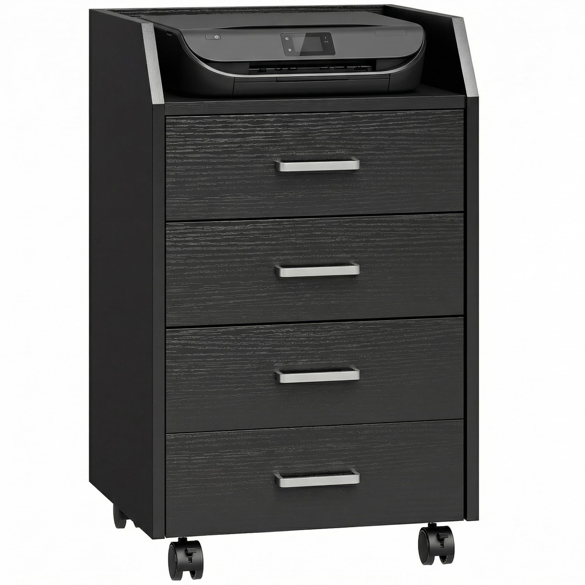 Vinsetto Schedario da Ufficio con 4 Cassetti, Ruote a Freno, Cassettiera Scrivania per Lettera Documenti, Ripiano, Cassettiera Ufficio per Studio Sotto Scrivania, 40x36x65 cm, Effetto Legno Nero
