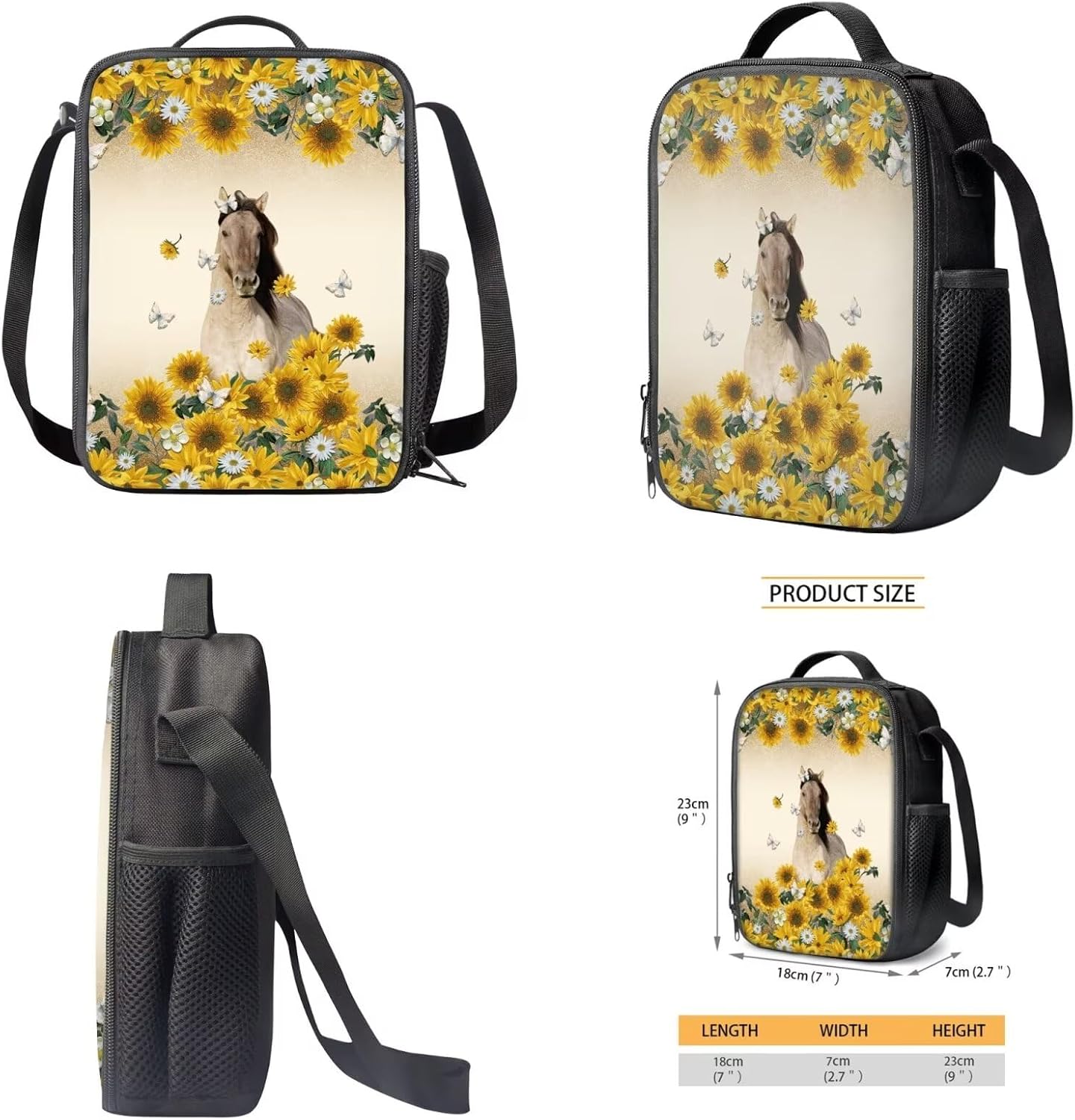 Xoenoiee Horse Sunflower and Daisy Pattern 3Pcs Bookbag+Lunch Box+Pencil Bag for Students 17in Large School Bag Backpack Set for Boys Girls Back To School