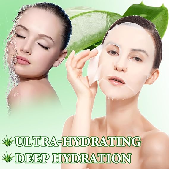 Aloe Vera Soothing Face Mask Hydrating,Moisturizing Long Lasting Facial Sheet Mask for All Skin Types,Soft Aloe Face Masks for Dry Skin,Pack of 10