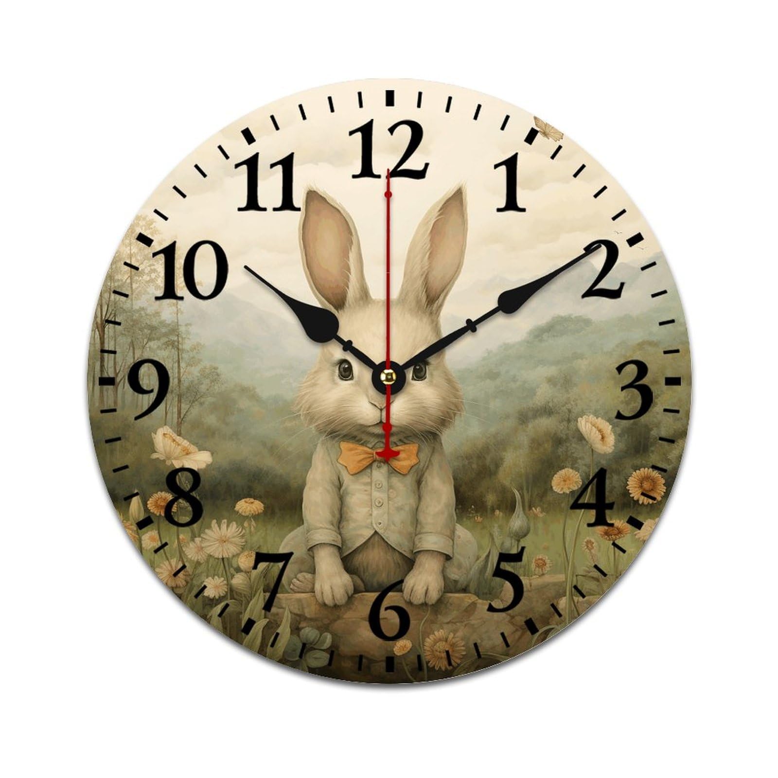 NTVOWPZO 10 Inch Wall Clock Wooden Sit on The Grass Battery Operated Wall Clocks Silent Non-Ticking Square Wall Clock for Living Room Kitchen Home Office Wall Decorative Clocks
