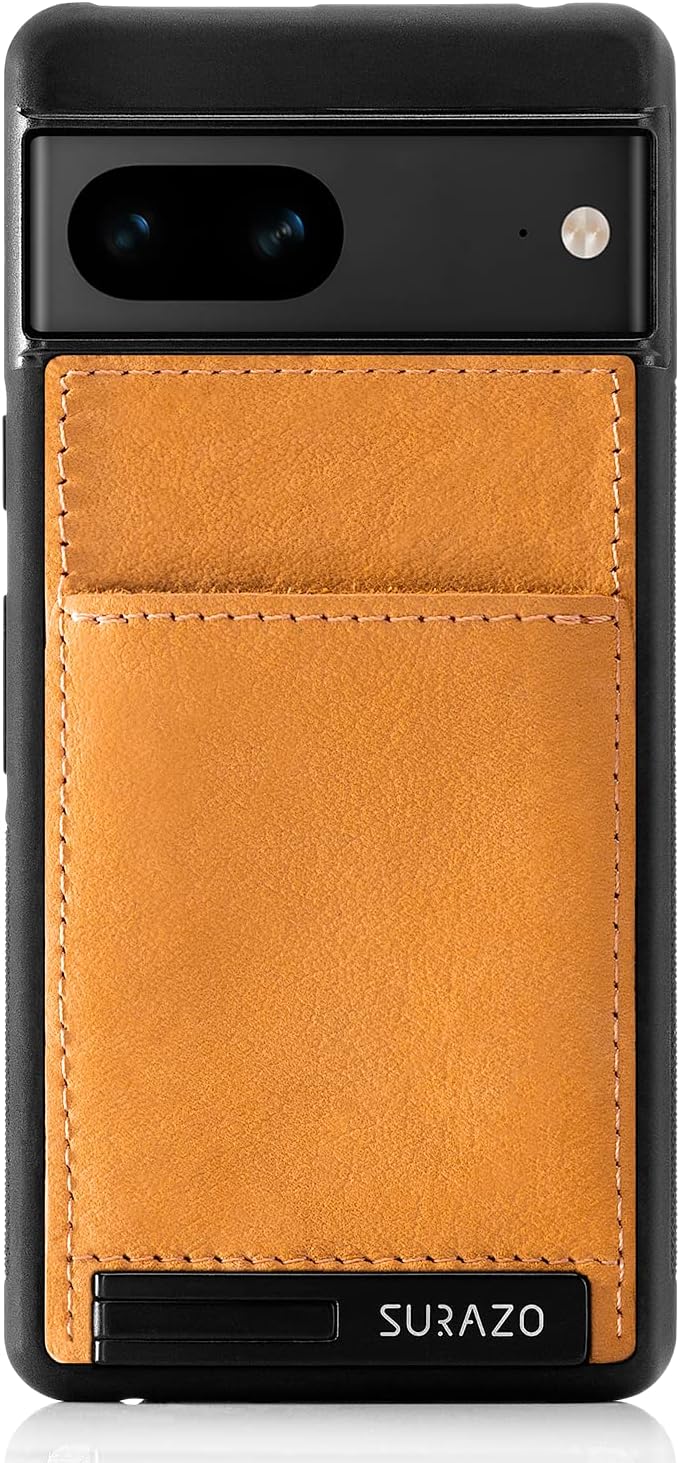 SURAZO Premium Genuine Leather Back Case for Google Pixel 7 5G Case - Shockproof Leather Mobile Phone Case Cover with Card Slot, Stand Function, Key Chain, Vintage Slim Bumper Protective Case (Camel)