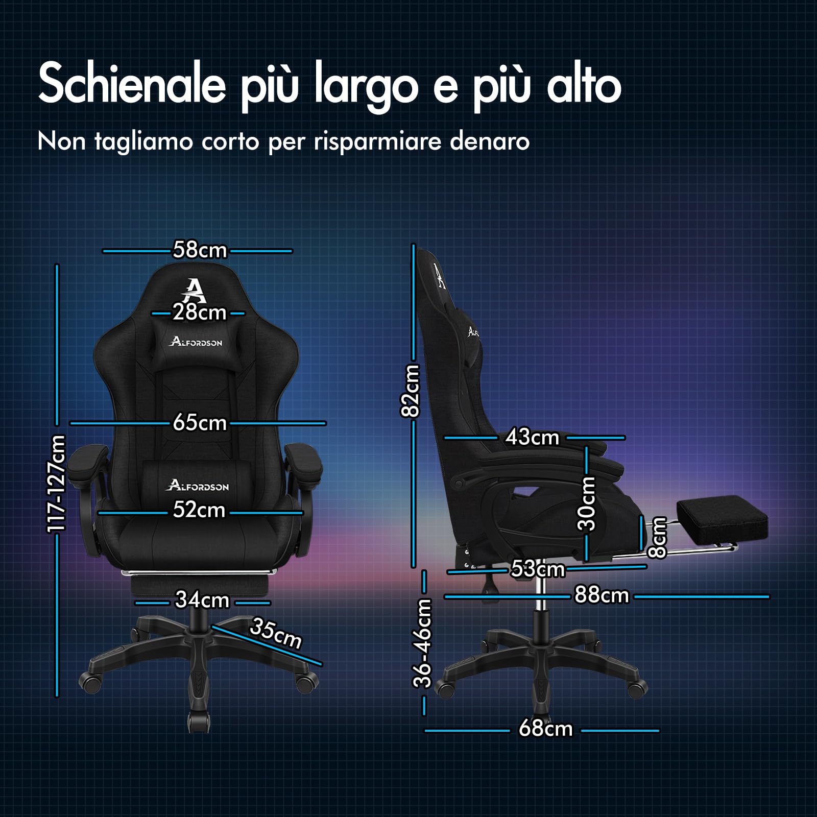 ALFORDSON Sedia da Gaming, Sedia da Corsa con Massaggio a 2 Punti per Gioco, Sedia da Computer ergonomica con Cuscino Lombare, Altezza Regolabile, Tessuto, Nero