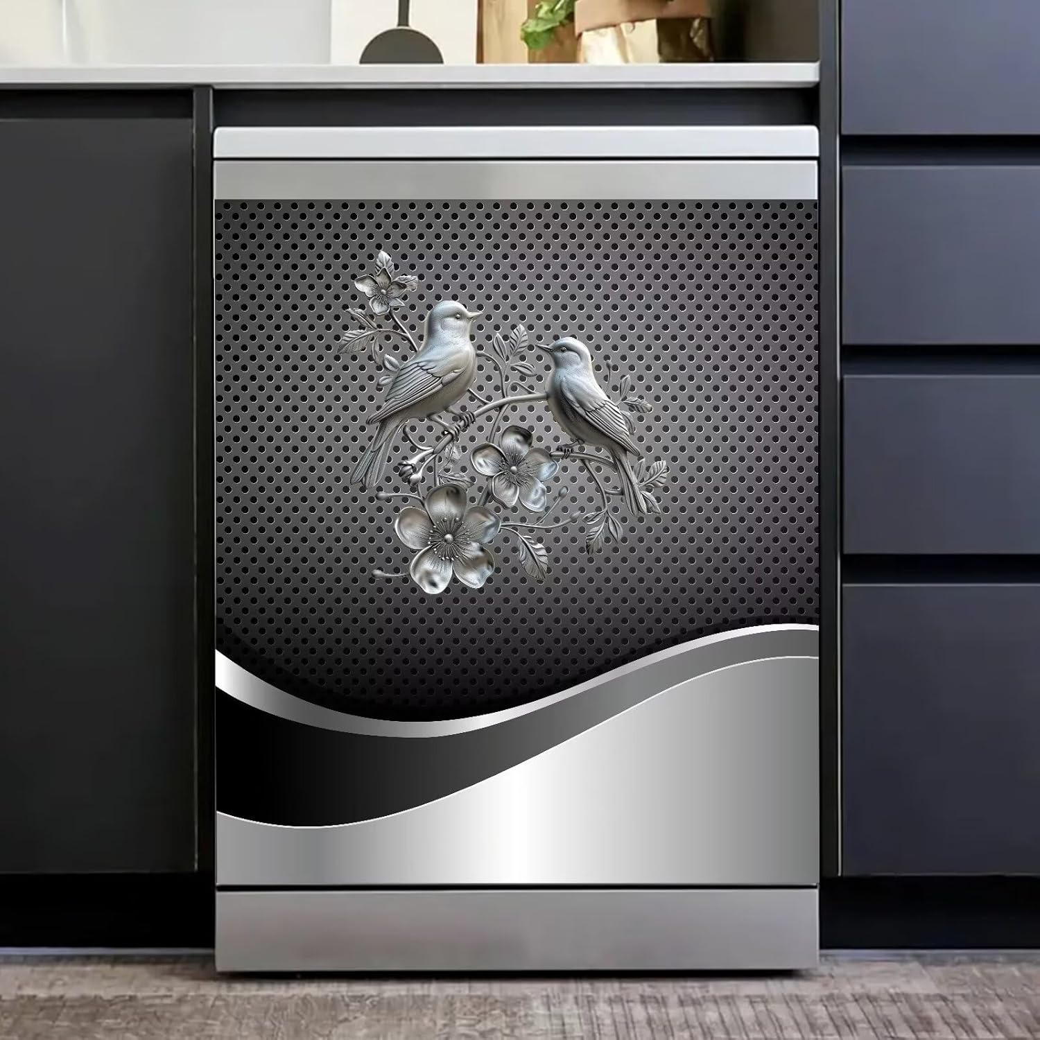 Polishing Metal Magnetic Tulip Sticker for Dishwasher Front Cover Decoration Magnet Fridge Decal-Magnet Appliance Skin Panel 23"x17", Stainless Steel Dishwasher Full Door Sheet