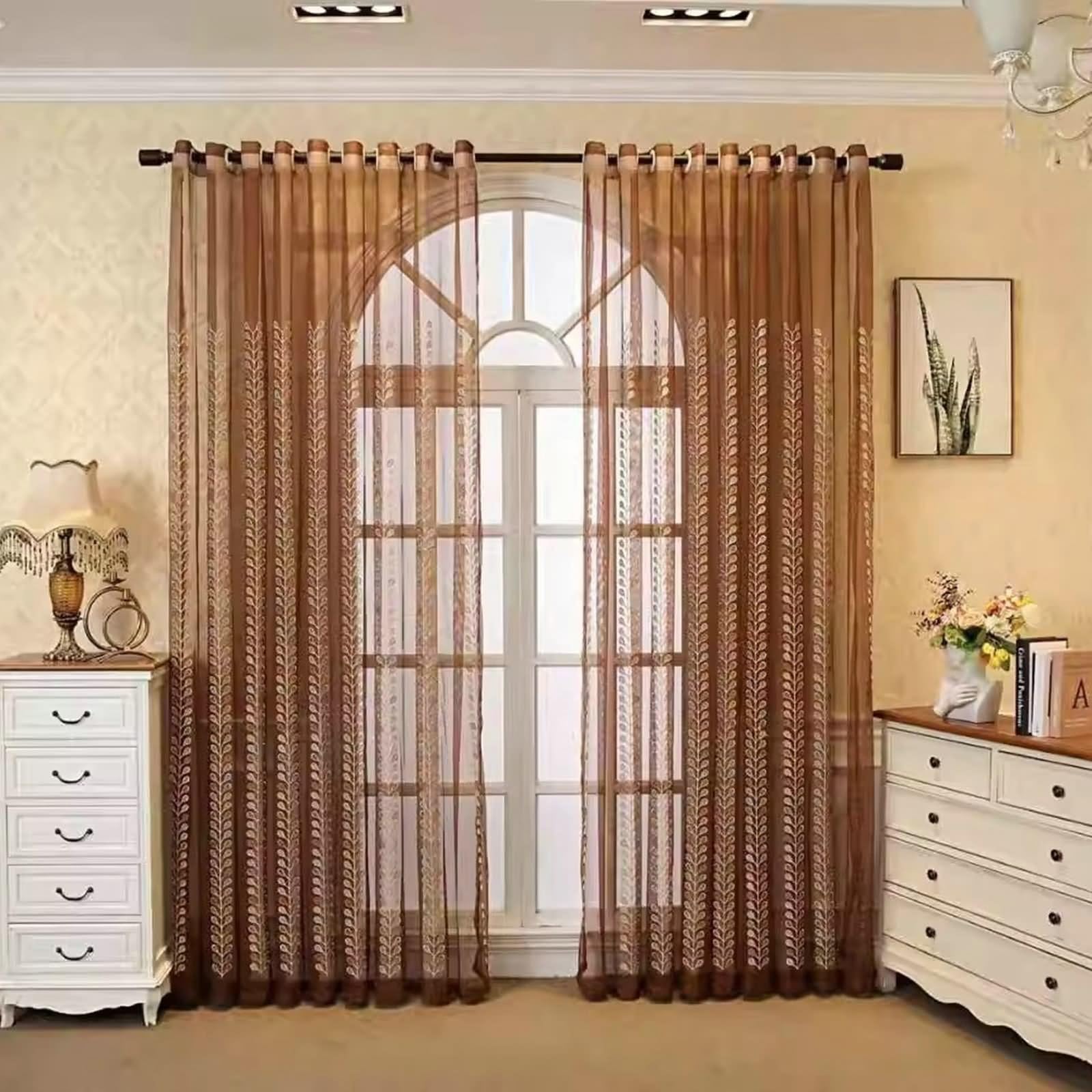Zasłona okienna, przezroczysta zasłona do salonu kawiarnia półprzezroczysta z poliestrowym haftem w liściach 2 panele 102W x 183L cm