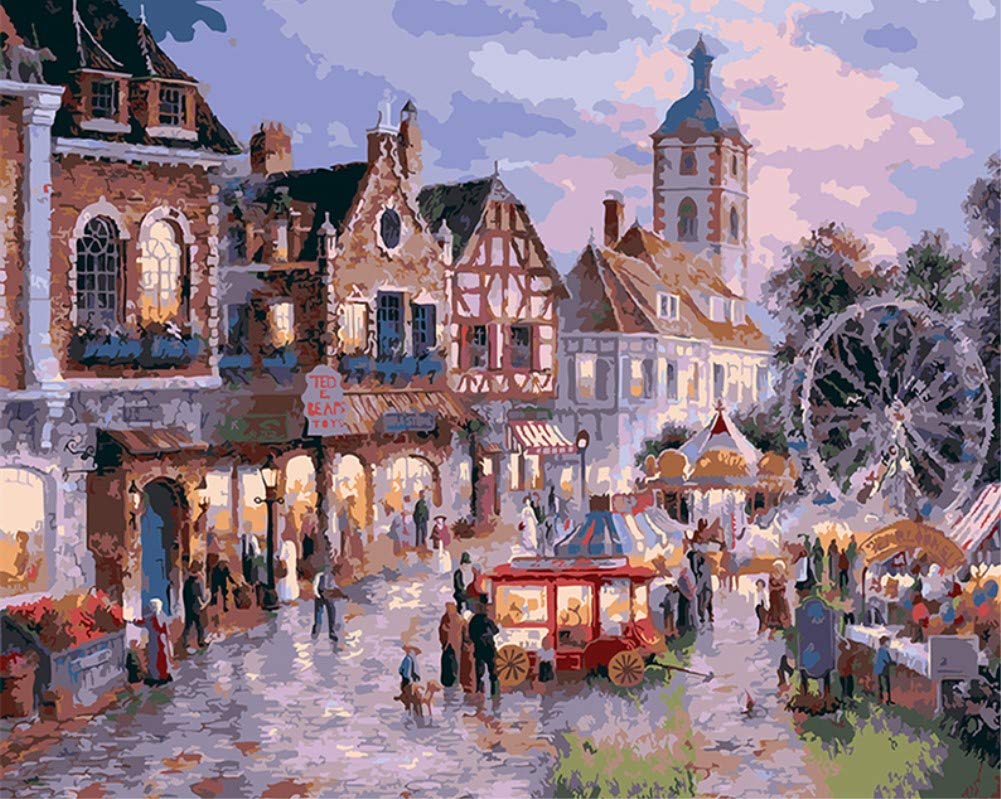 ABEUTY DIY Fabric Decorating Kits, Paint by Numbers City Street Dusk 16x20 inches Number Painting Wall Art (Small Town, No Frame) โ image 1
