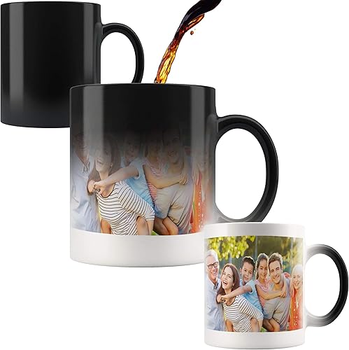 Taza de café que cambia de color con foto personalizada, la taza de imagen personalizada cambia a blanco cuando está fría y la imagen muestra cuando