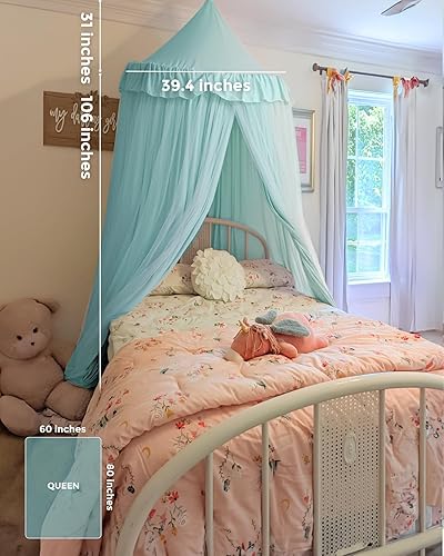 Vista 21 de Toldo de cama grande con luces de estrellas, toldo de doble capa para cama, tienda de campaña de princesa para habitación de niñas, toldo