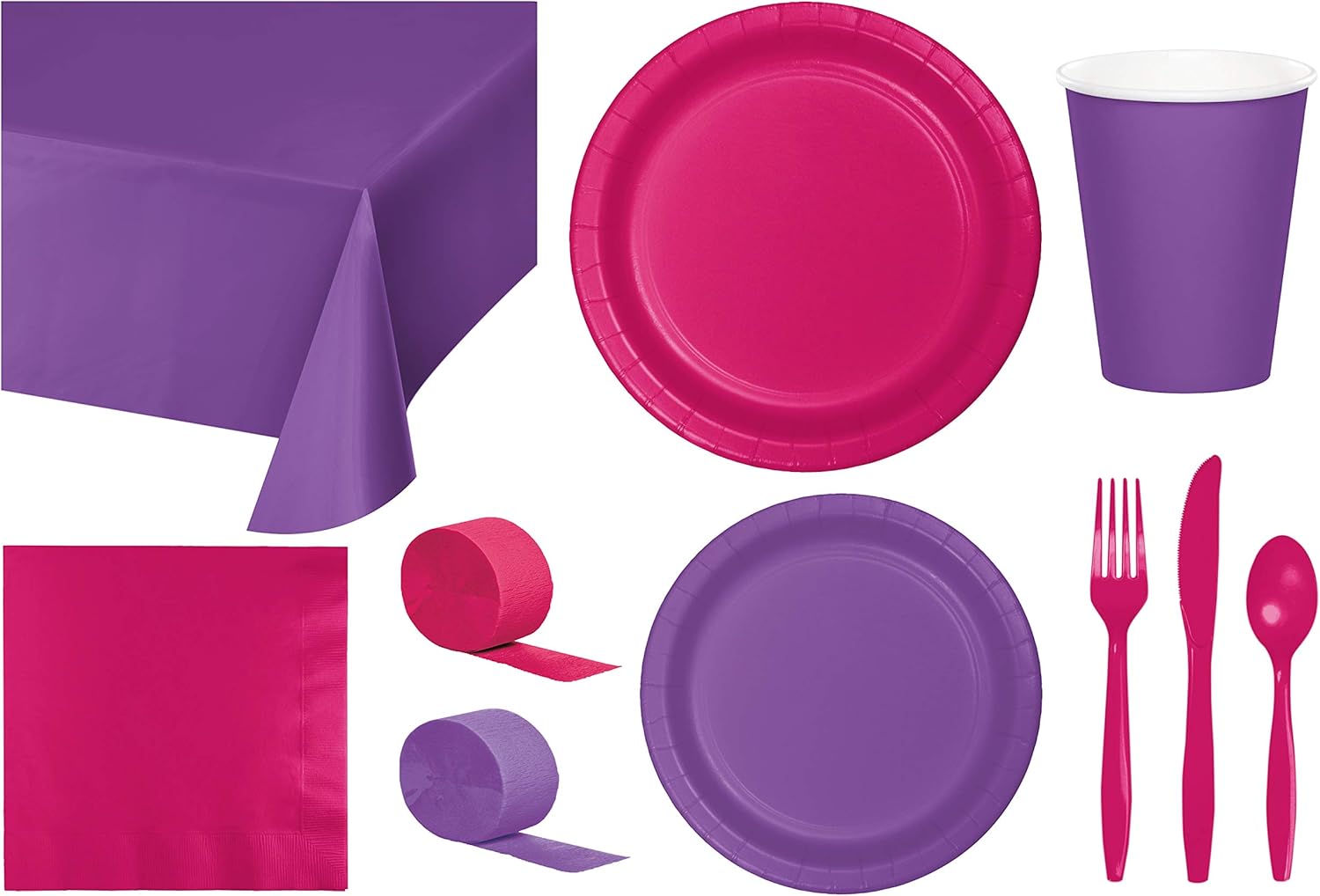 Baxters Party Bundle Bulk, Tableware for 24 People Emerald Green and Amethyst, 2 Size Plates Napkins, Paper Cups Tablecovers and Cutlery, Box of 199