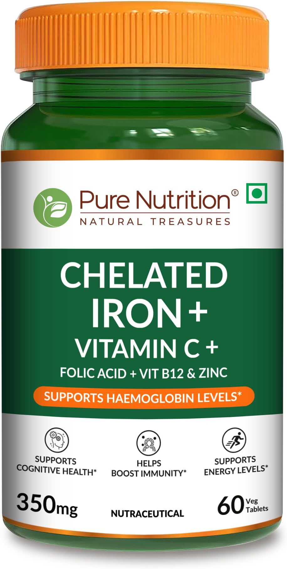 Pure Nutrition Chelated Iron Supplement for Women and Men | Folic Acid Tablets for Pregnancy | Hemoglobin Booster & Maintains Irons Level | with Zinc, Vitamin C & Vitamin B12 - 60 Veg Tablets for Hair Growth with Iron Bisglycinate