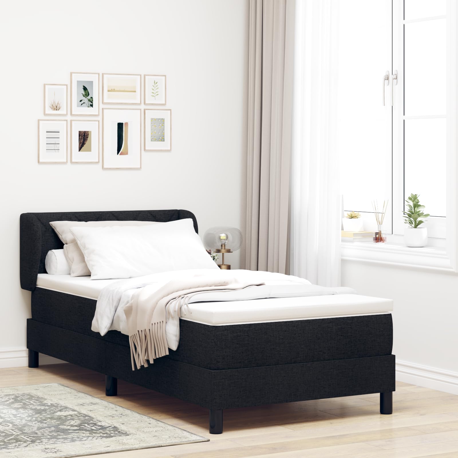 Cama con somier con colchón de 100 x 200 cm en tejido negro, núcleo de muelles ensacados de resistencia media, soporte para dormitorio moderno, transpirable y resistente
