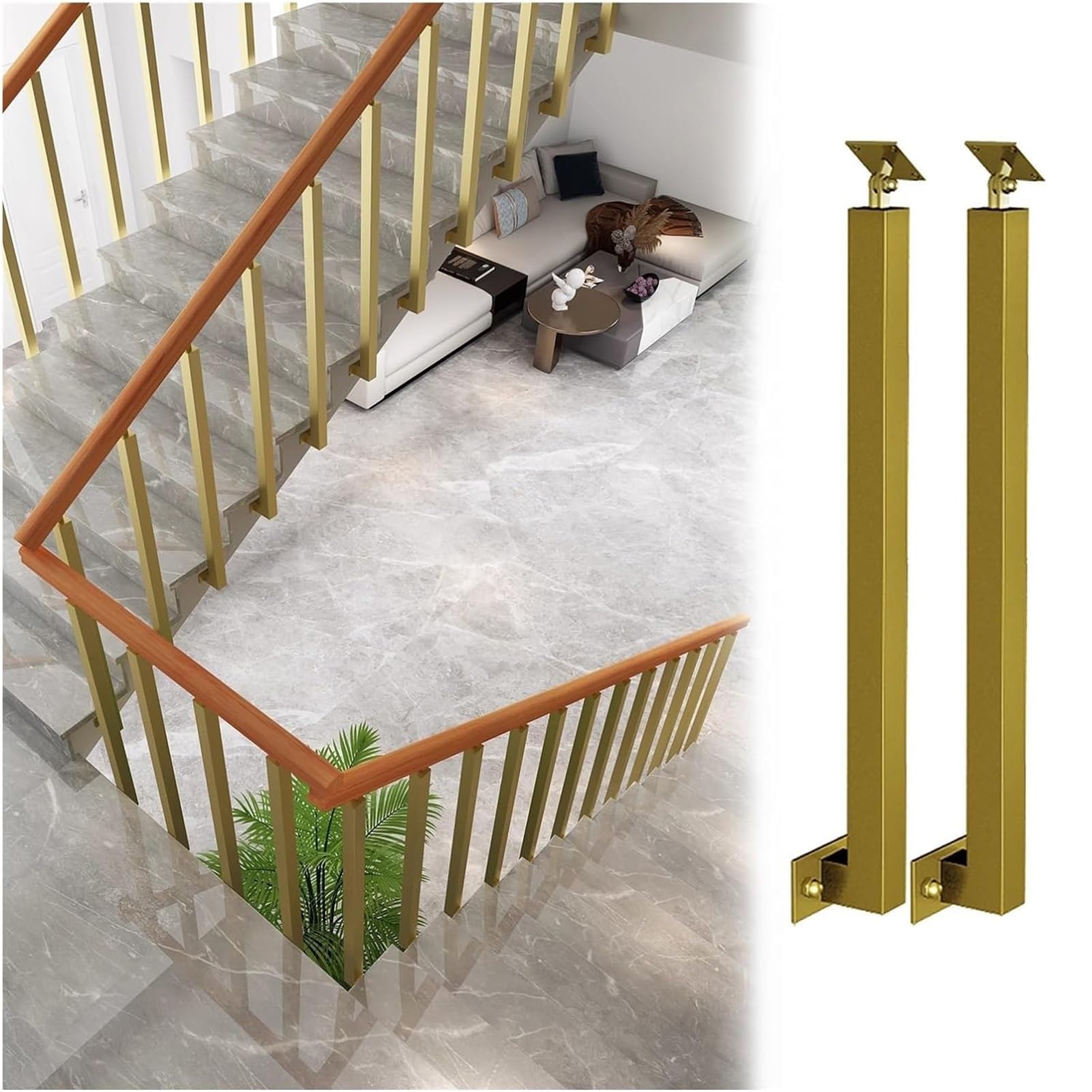 Rampe d'escalier dorée en métal avec son support orientable à 270 degrés