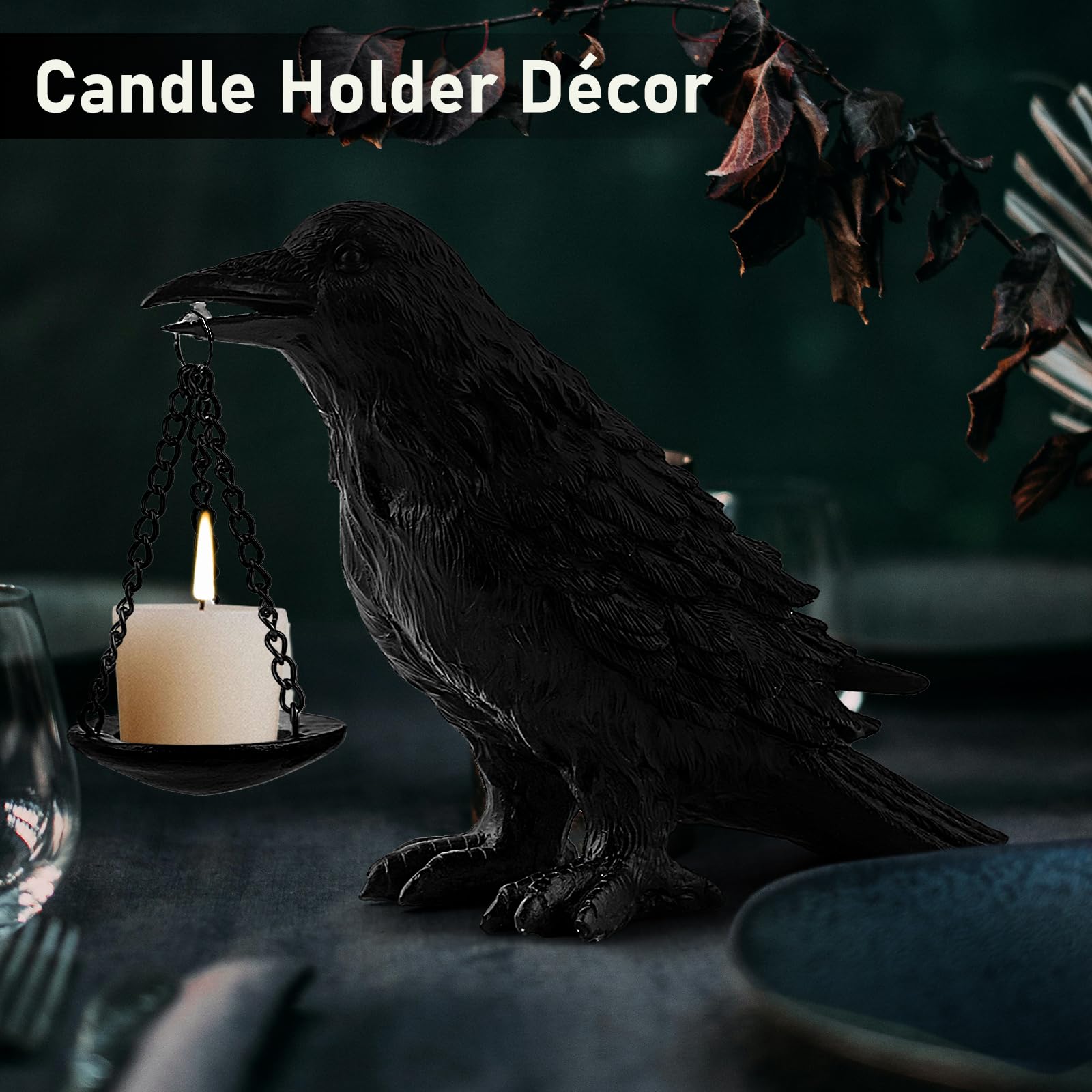 Halloween Decorations Indoor Gothic Home Decor Raven Lamp Tealight Holder for Bedroom Fake Crow Candle Holder Halloween Table Decorations Black: Black 1