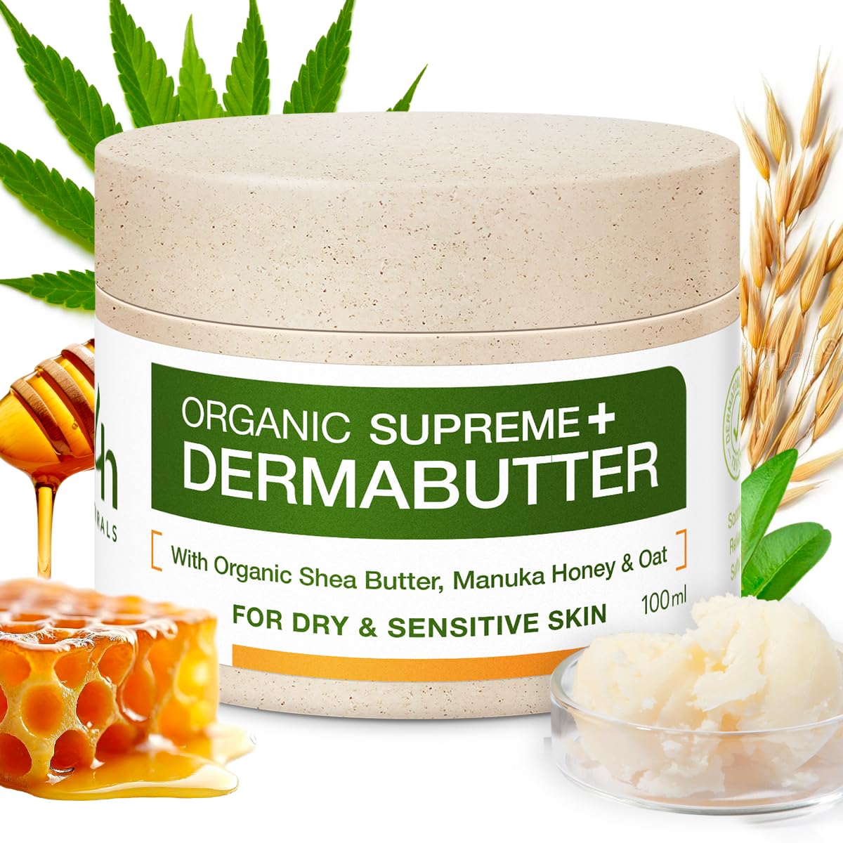 Mantequilla reparadora de avena de Manuka orgánica, bálsamo de cuidado intensivo con propóleos, caléndula y aceite de cáñamo, para pieles secas y sensibles, 100 ml
