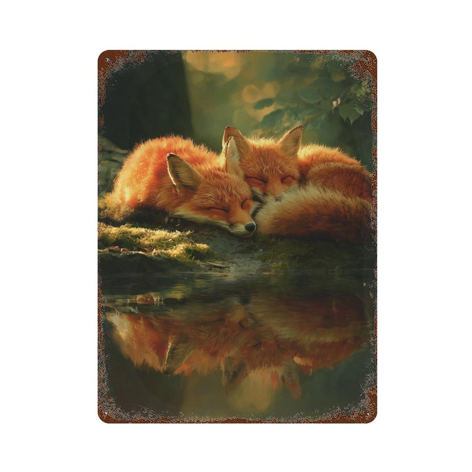 Rustic Tin Plaque Foxes Resting by Water 15.7"x11.8", Vintage Wall Decor for Pub, Kitchen And Man Cave Decor