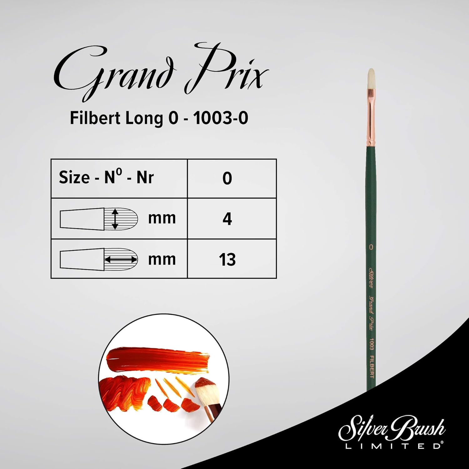 Silver Brush Limited 1003 Grand Prix Filbert Brush for Oil Paintings, Size 0, Long Handle