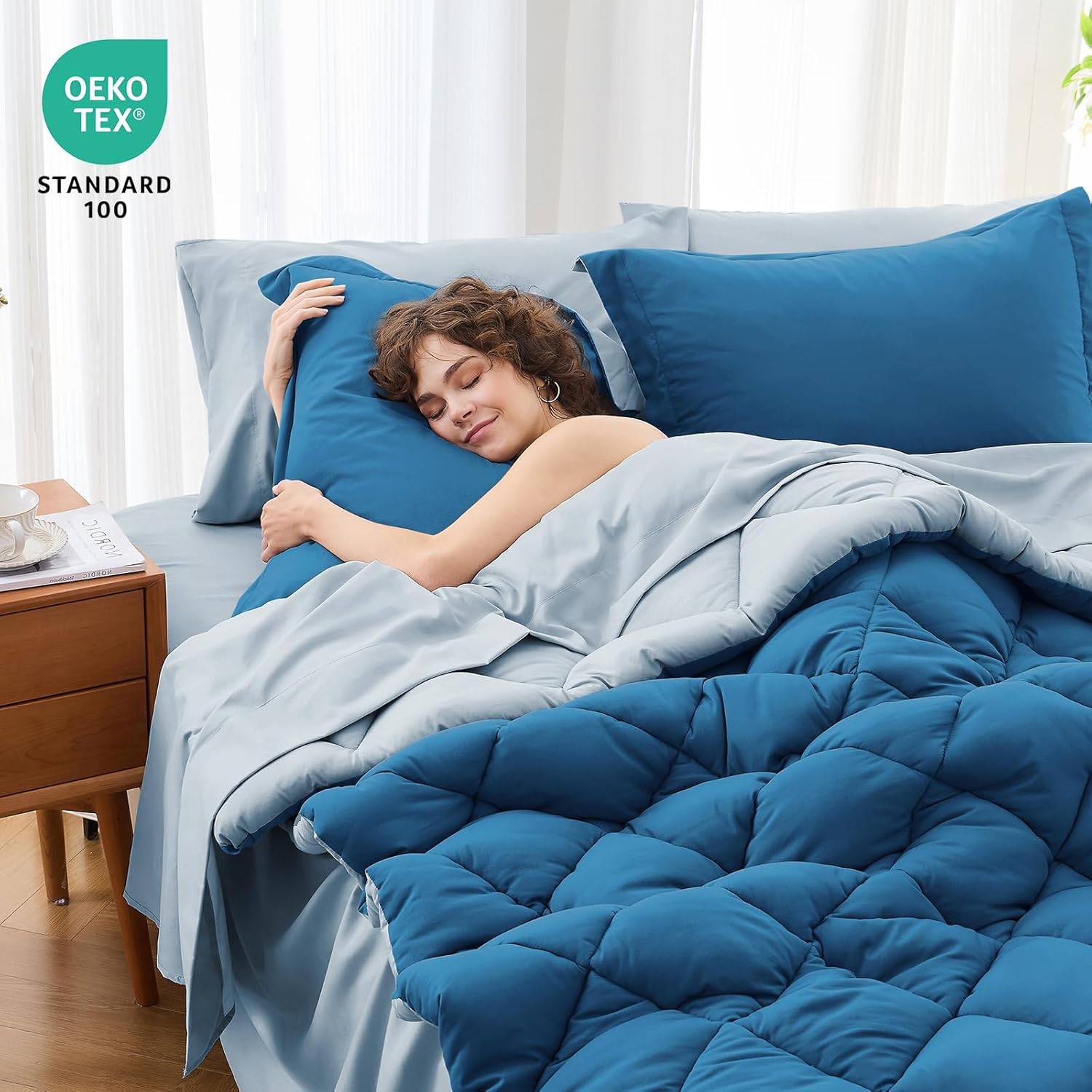 MUXHOMO 7 Pieces Full Comforter Set, Reversible Bed in a Bag Full Size, All Season Bedding Set with Comforter, Flat Sheet, Fitted Sheet, Pillowcases & Shams, Teal & Lake Blue - Image 4