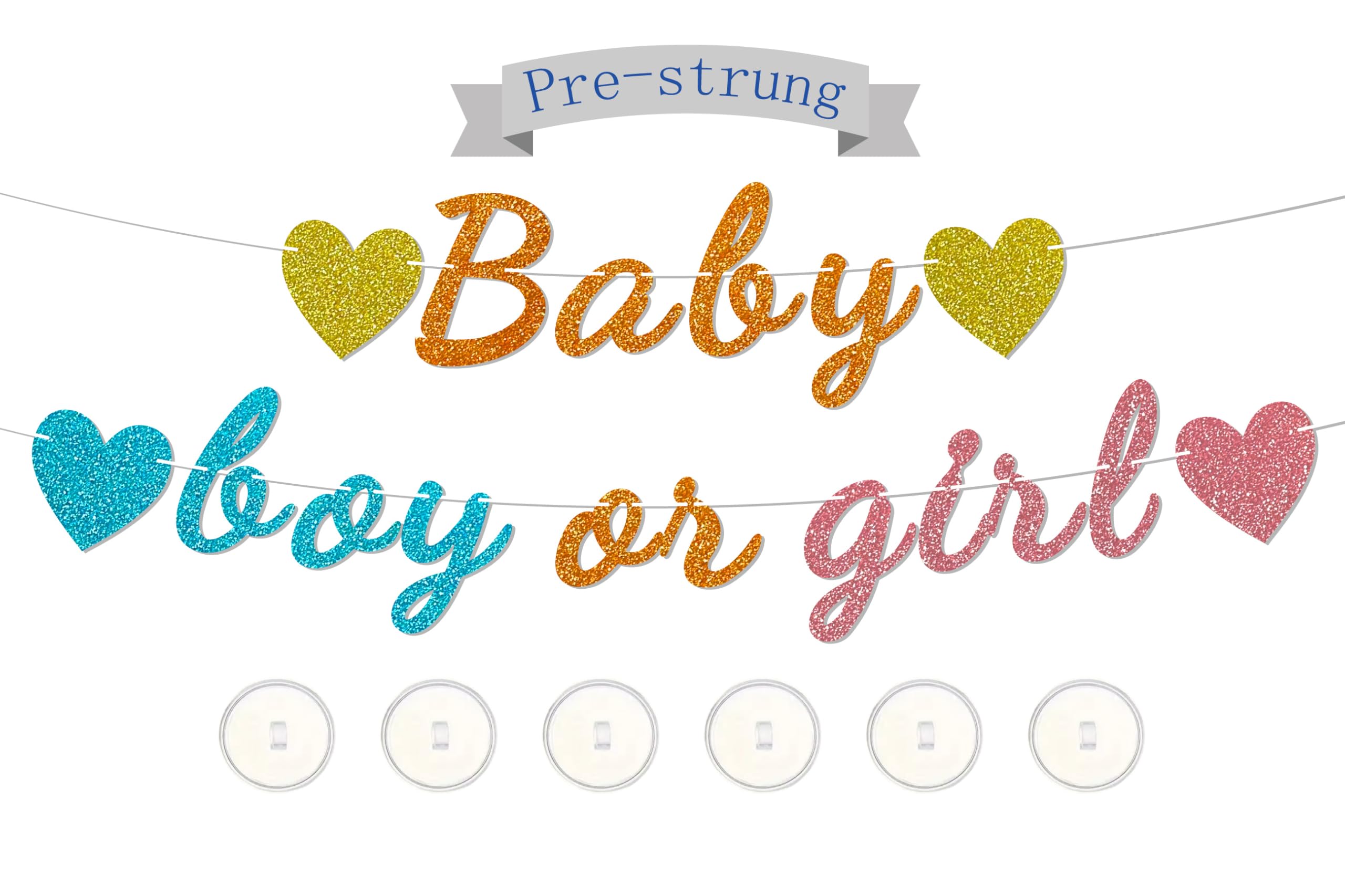 Baby Gender Reveal Decorations - Glitter Letters Baby and Boy or Girl with Hearts Banner,With Adhesive hooks,Pre-Strung Design - Sparkling Nursery
