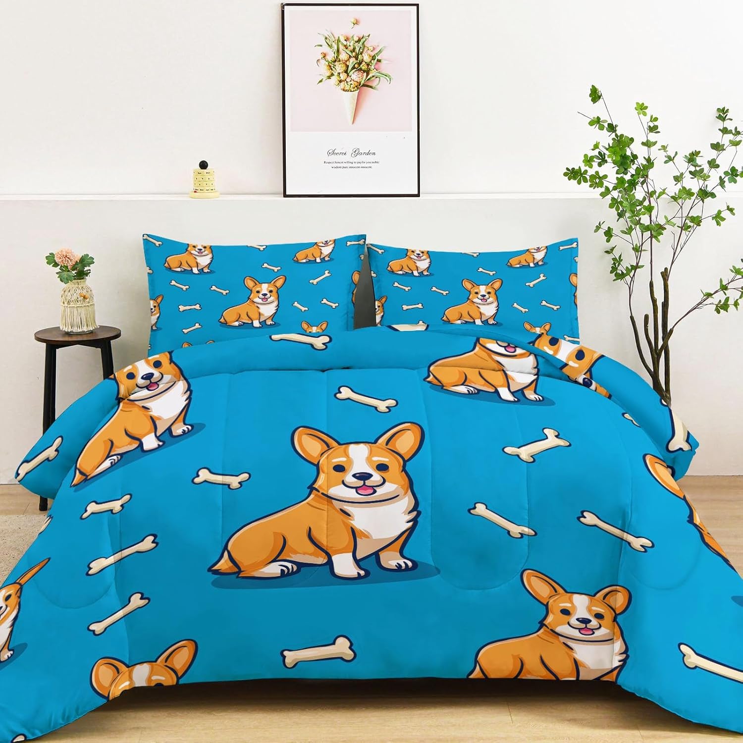 Reversible Twin Comforter Set Cartoon Animal Dog Bone for Kids Boys Girls, 3 Pieces Light Weighted Quilted Blue Comforter, All-Season Breathable Bedding Decor (68" x 90")