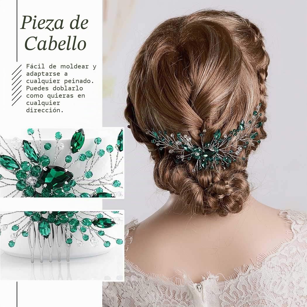 IYOU Diadema de princesa con cristales verdes, peineta para novia, accesorios para el pelo para bodas, para mujeres y niñas (plateado)