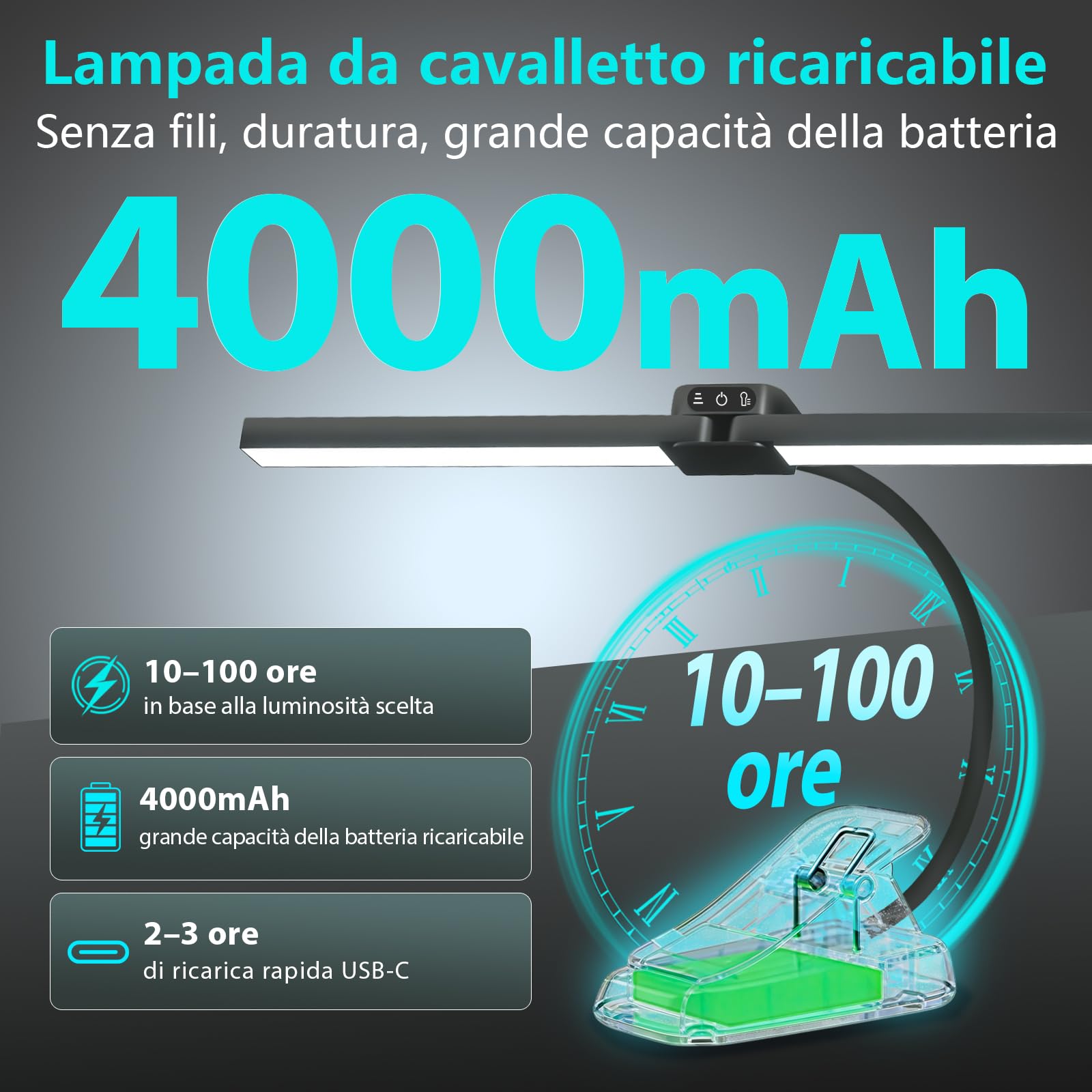 Luce da cavalletto ricaricabile a clip per artisti pittura, 64 LED 4 modalità di colore, 3 luminosità, lampada da scrivania per la cura degli occhi, lampada da cavalletto per pittura, disegno