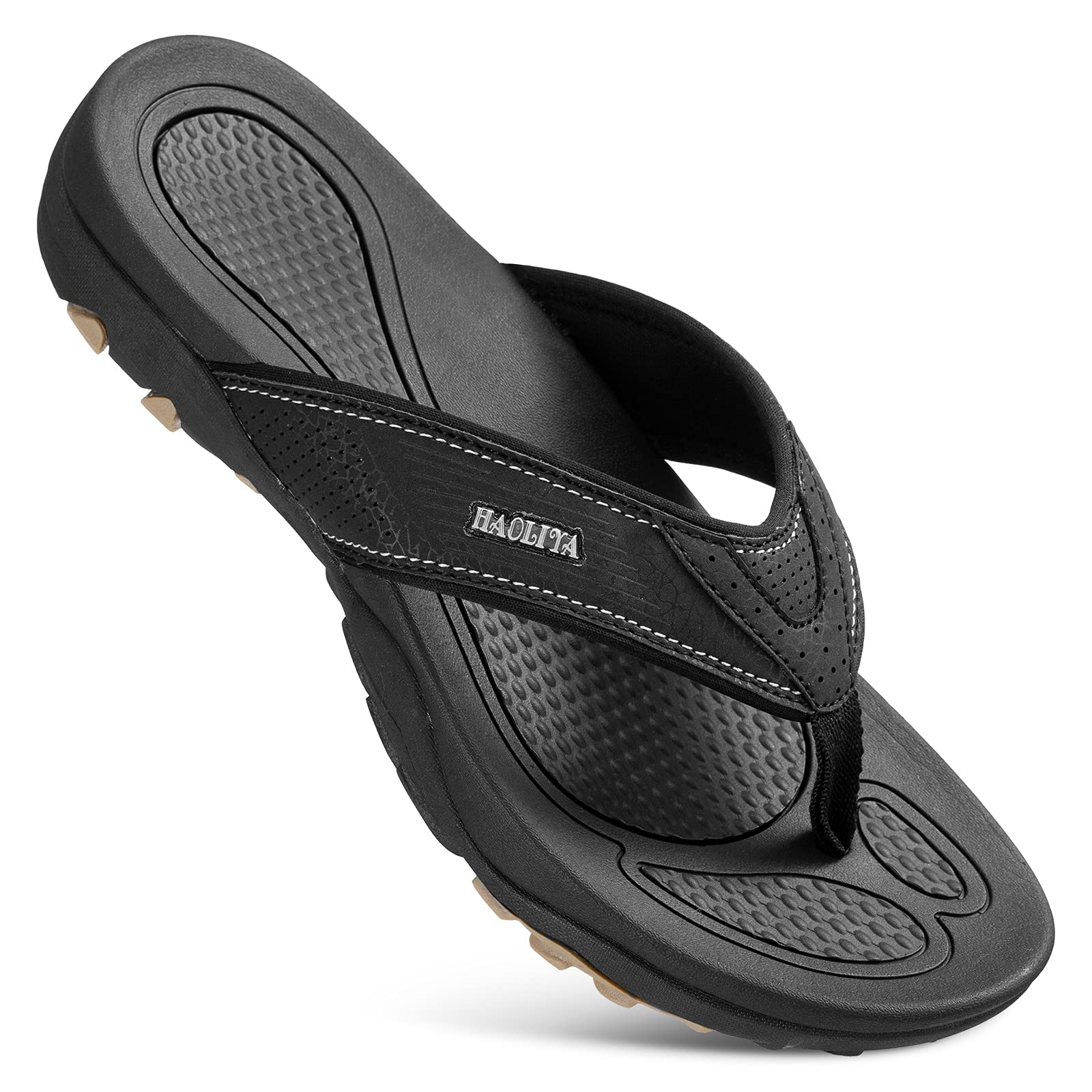 HAOLIRA Mens Leather Flip Flops with Arch Support Comfortable Cushion Thong Sandals Lightweight Waterproof Outdoor Summer Beach Pool Shoes