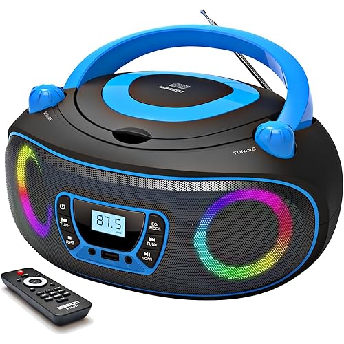 Portable Radio CD Player Boombox with Bluetooth,FM Radio,USB MP3 Playback,AUX-in,Headphone Jack,MP3 CDs Compatible,Kids CD Players for Home or Outdoor (Blue)