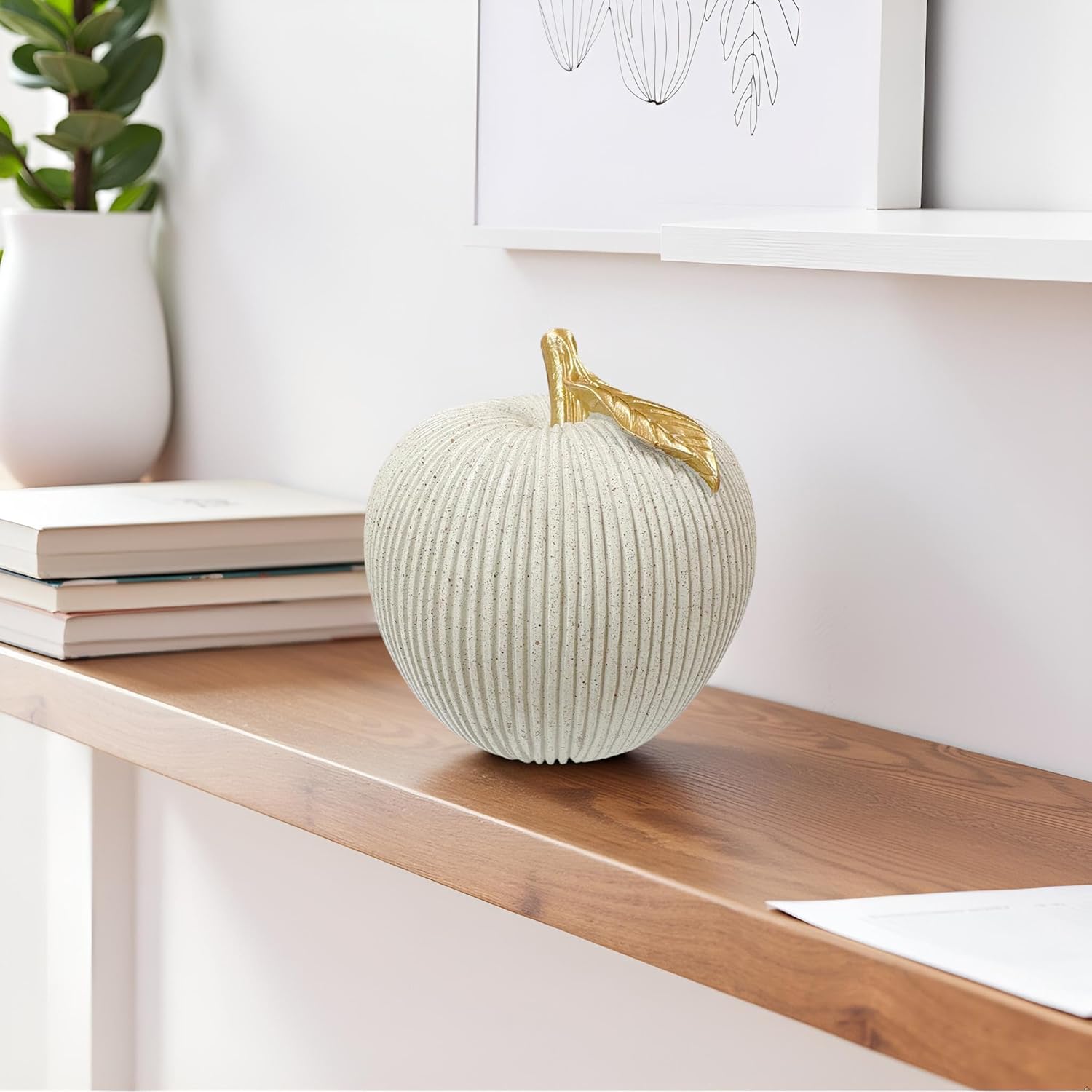 Gray-White Apple Figurine with Gold Leaf, Apple Sculpture for Modern Home Decor, Decorative Fruit Ornament for Kitchen, Living Room, Coffee Table & Shelf Styling
