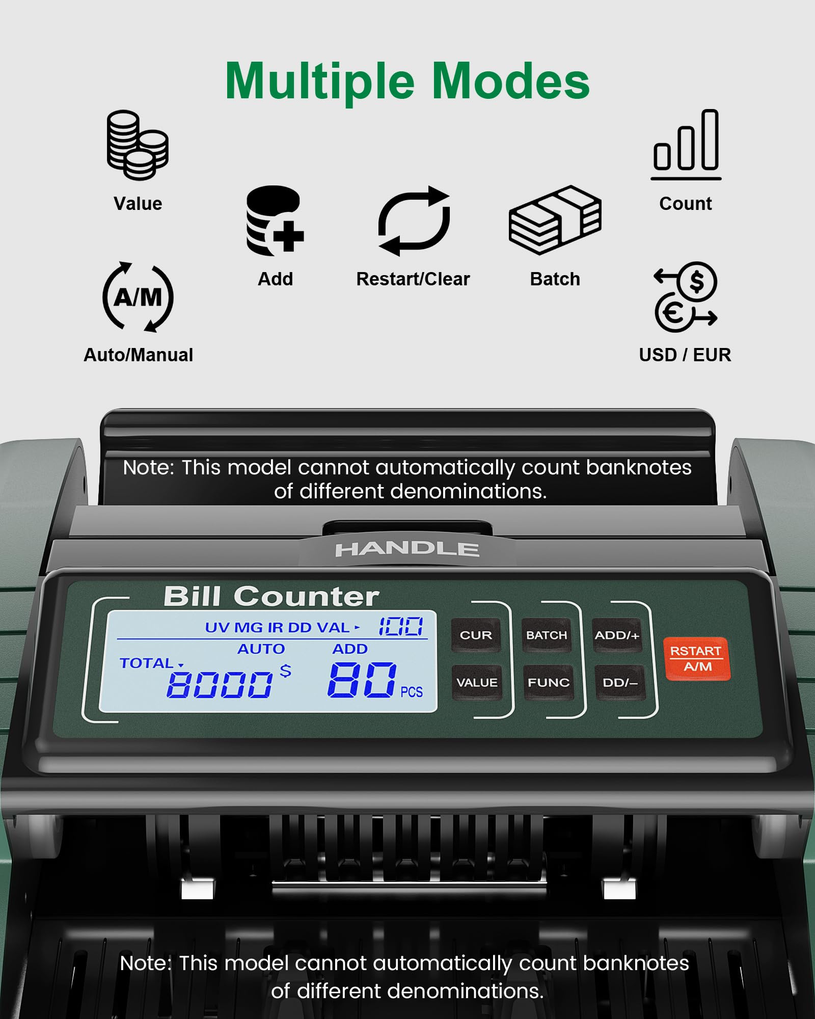 AL1000 Contador de Billetes, Detección de Billetes Falsos UV/IR/DD/MG, Conteo de Valor & Lote & Adición, Pantalla LCD, 1200 Billetes/Min, Compatible con Múltiples Monedas, Verde Oscuro