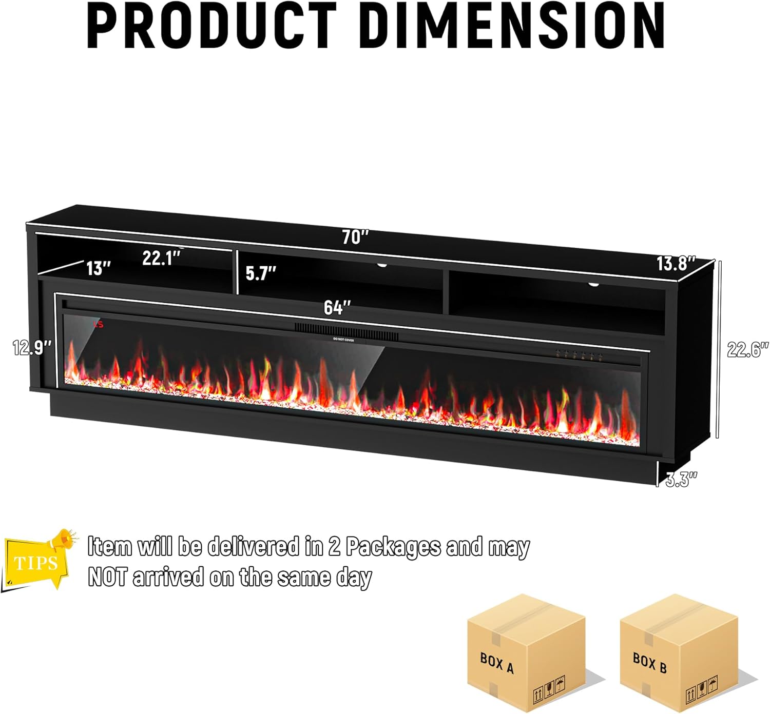 AHB TV Stand with 64" Electric Fireplace Up to 80" TVs, App Control LED Entertainment Center with Storage, 70 inch TV Console, Modern Television Stands, Black TV Cabinet for Living Room, Bedroom