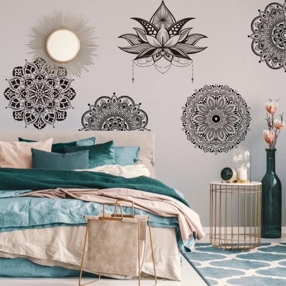 Runtoo Mandala Flower Wall Art Sticker Black Boho Lotus Floral Wall Decal for Living Room Bedroom Yoga Headboard India Decor