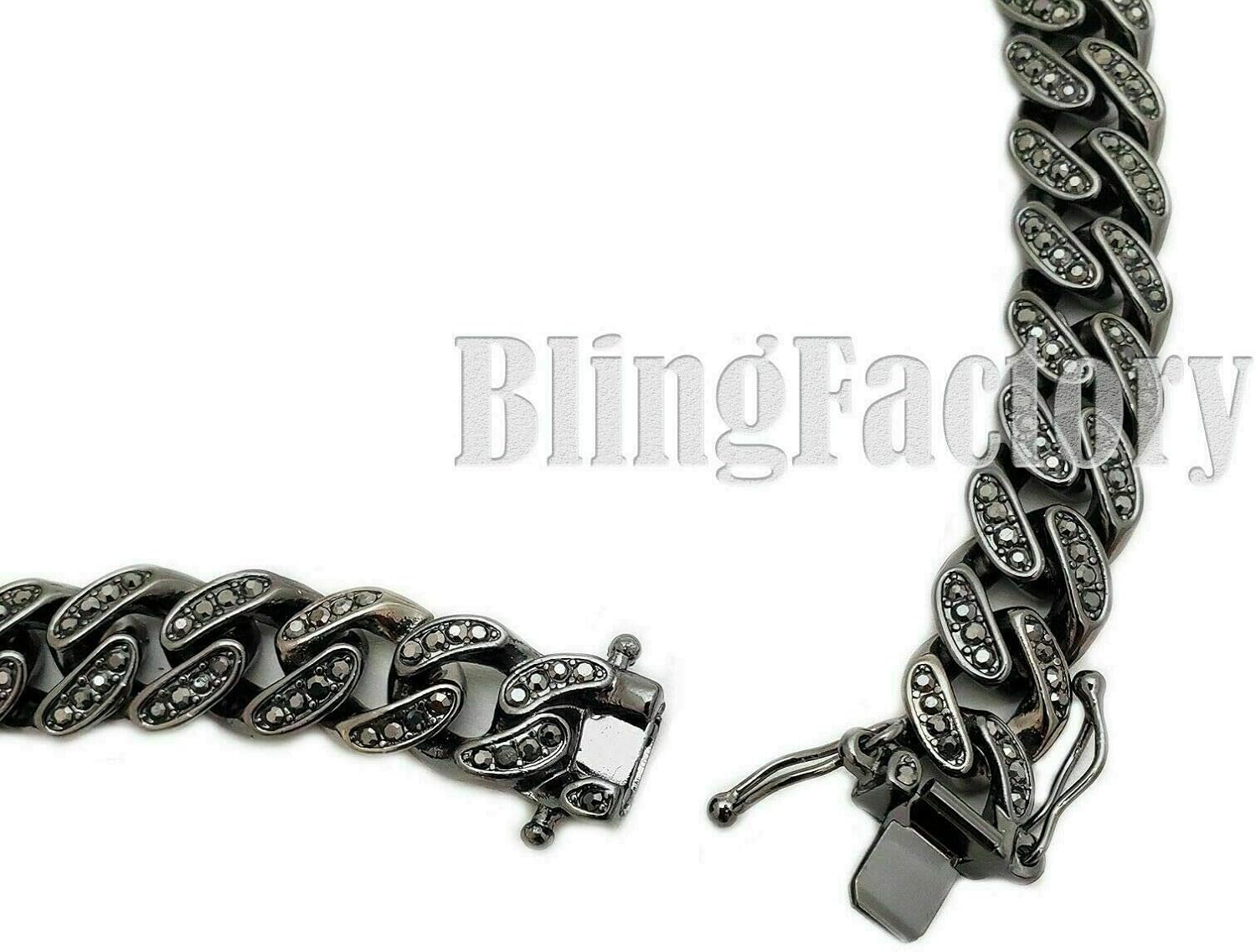 Hip Hop Black Hematite Iced Large Shark Pendant & 16" ~ 24" Iced Cuban Box Lock Chain Bling Necklace