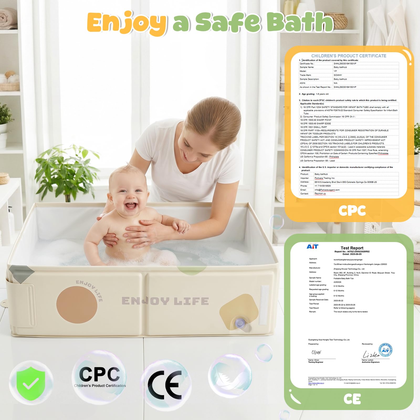 Orzbow Baignoire Pliable Bébé Portable avec étiquette de Température pour Enfants de 6 Mois+, Blanc