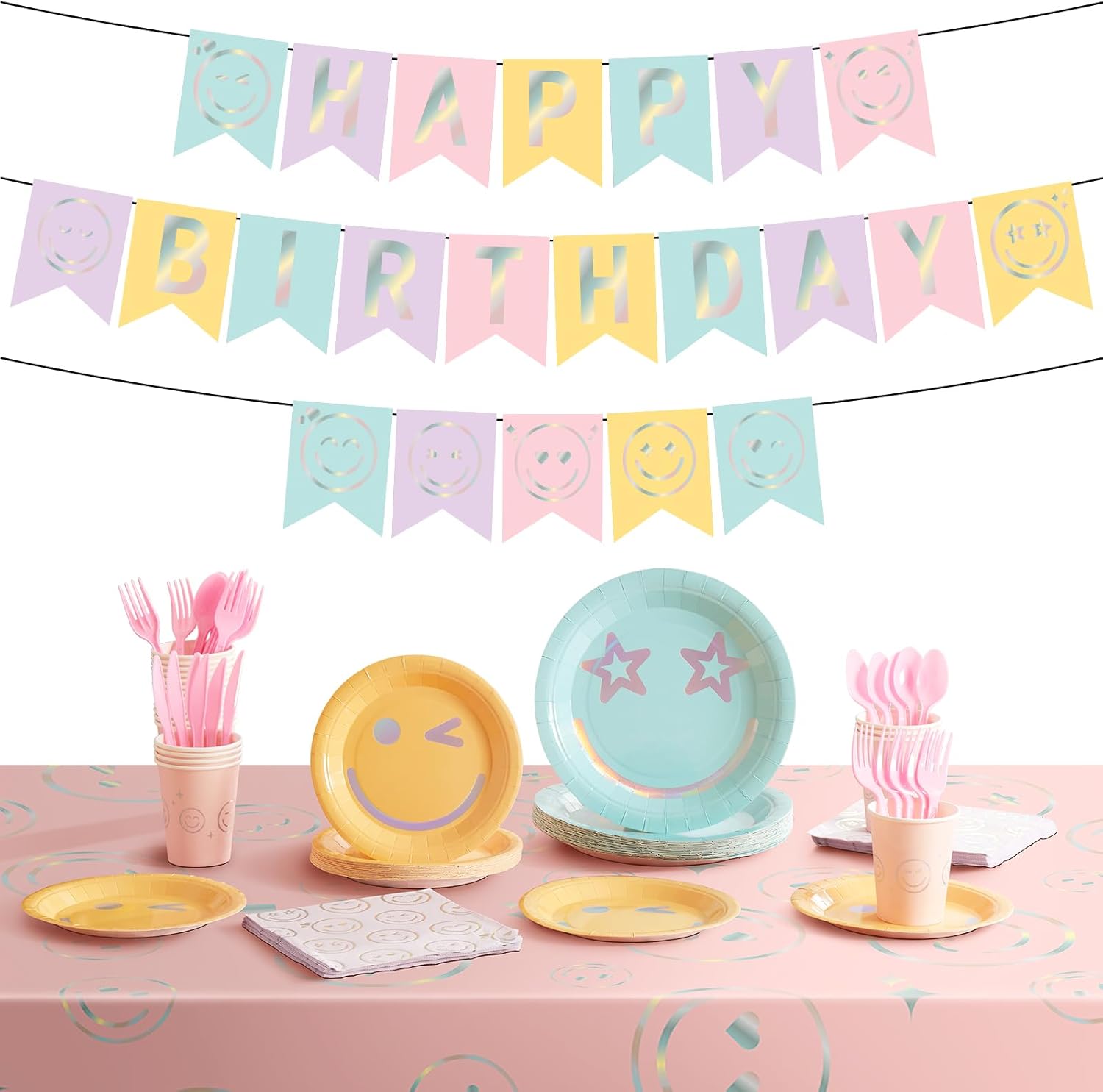 Kigley 175 Pcs Preppy Birthday Party Decorations Set Cute Preppy Tableware Serving 24 Guests Happy Birthday Banner Tableware Paper Plates Napkins Cups Tablecloths for Bachelorette Party