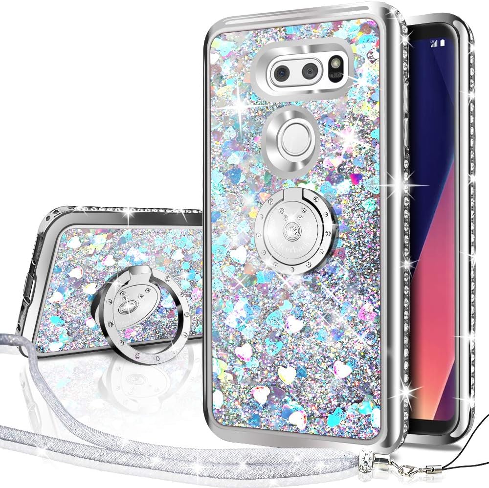 Silverback Compatible for LG V30 Case,LG V30 Plus/V30S, Moving Liquid Holographic Sparkle Glitter Case with Kickstand, Bling Diamond Ring Stand Slim Protective LG V30 Case,LG V30 Plus/V30S -Silver